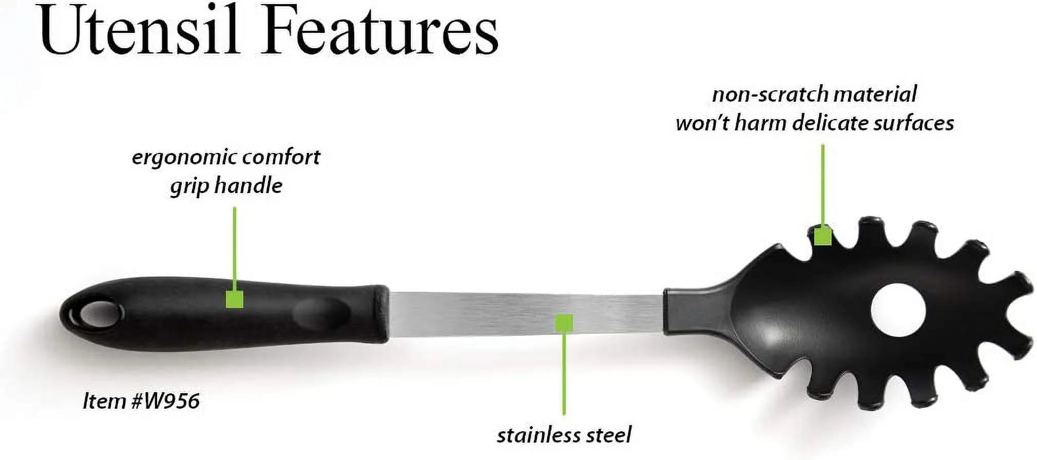 Non-Scratch Pasta Server - Heat Resistant Spaghetti Spoon – Pasta Fork Kitchen Utensil with Ergonomic Comfort Grip Handle