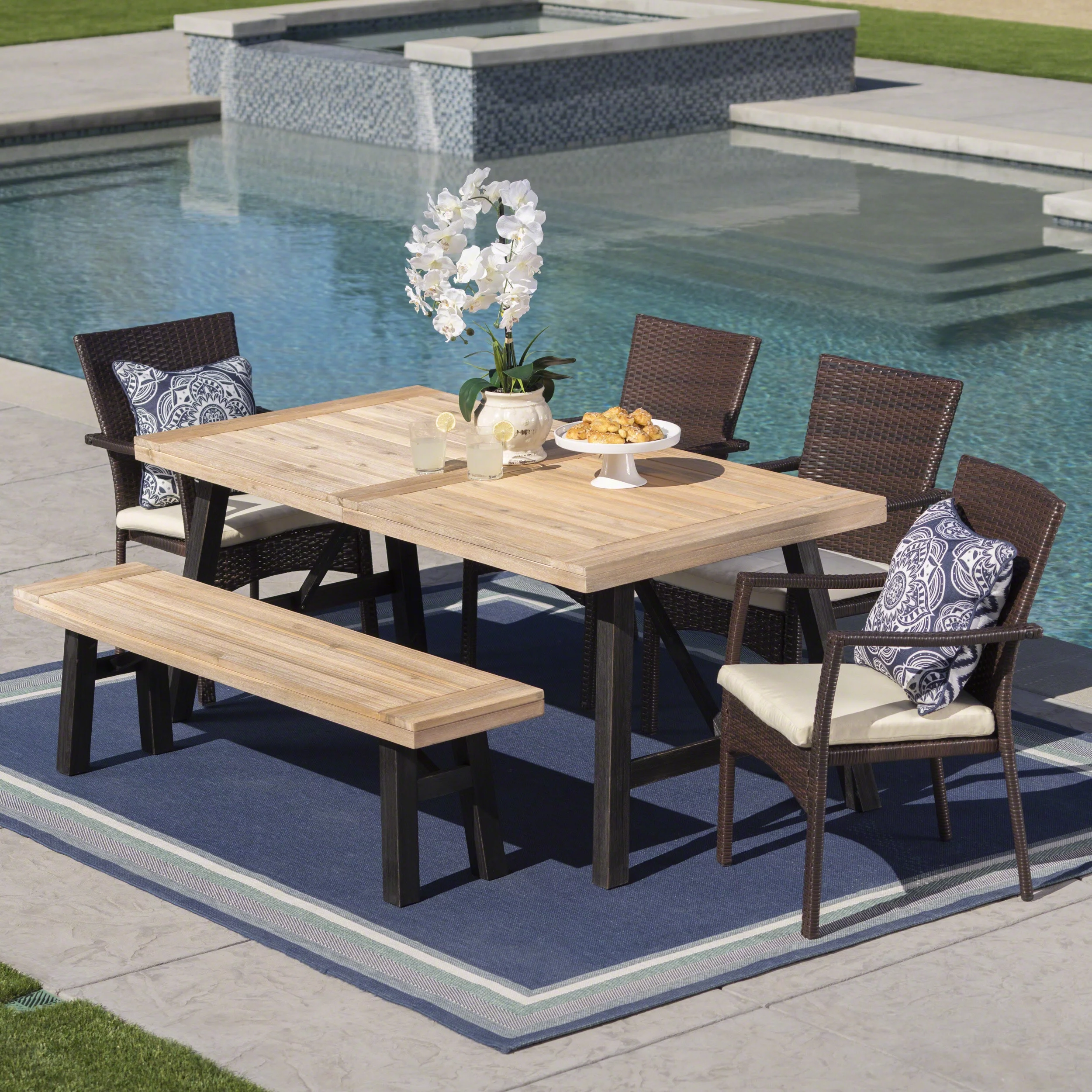 Damari Outdoor 6 Piece Acacia Wood Dining Set with Wicker Dining Chairs with Cushions, Brushed Grey, Brushed Mahogany, Brown, Crème