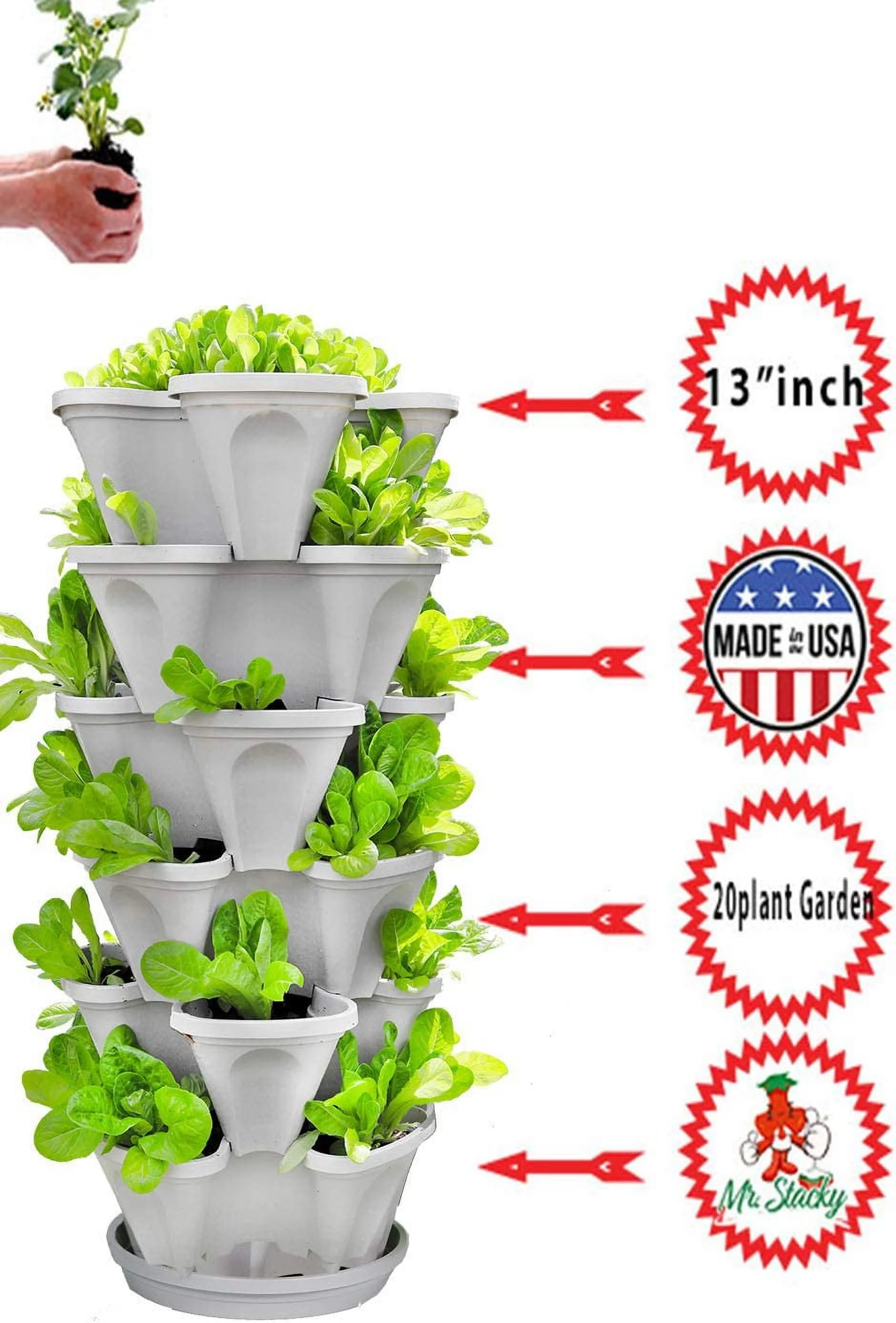 Stacky 5-Tier 13 inch Wide - (Stone Color) Strawberry  Herb Garden Planter - Stackable Gardening Pots with 10 Inch Saucer