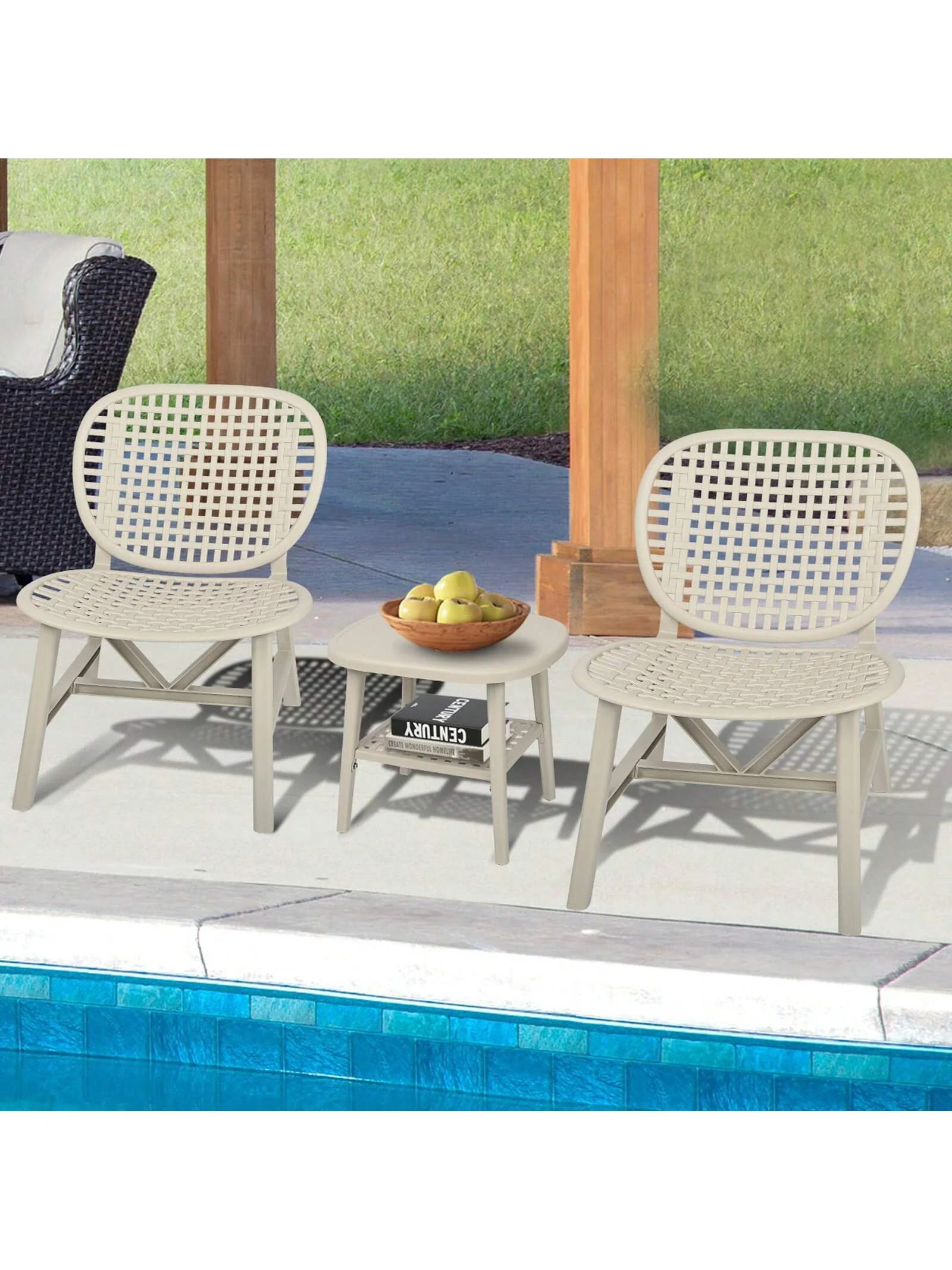 3 Pieces Hollow Design Retro Patio Table Chair Set All Weather Conversation Bistro Set Outdoor Table with Open Shelf and Lounge Chairs with Widened Seat for Balcony Garden Yard White