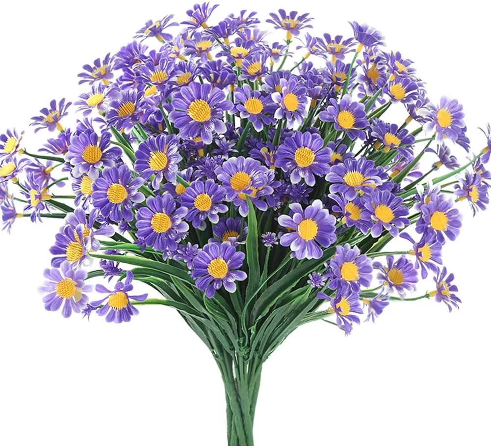Morttic Artificial Daisy Flowers, 6 Bundles Artificial Flowers Green Plastic Shrubs Fake Flowers Indoor Outdoor Artificial Flowers, Purple