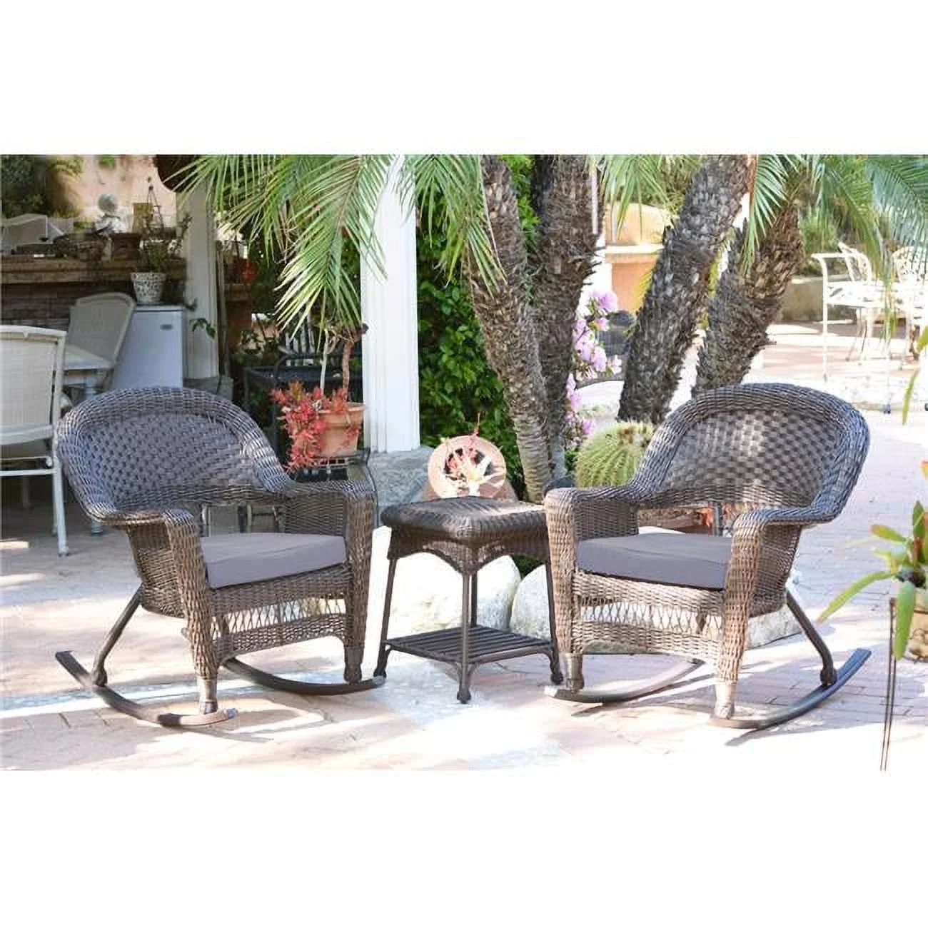 W00201R-A-2-RCES033 Espresso Rocker Wicker Chair Set with Steel Blue Cushion - 3 Piece