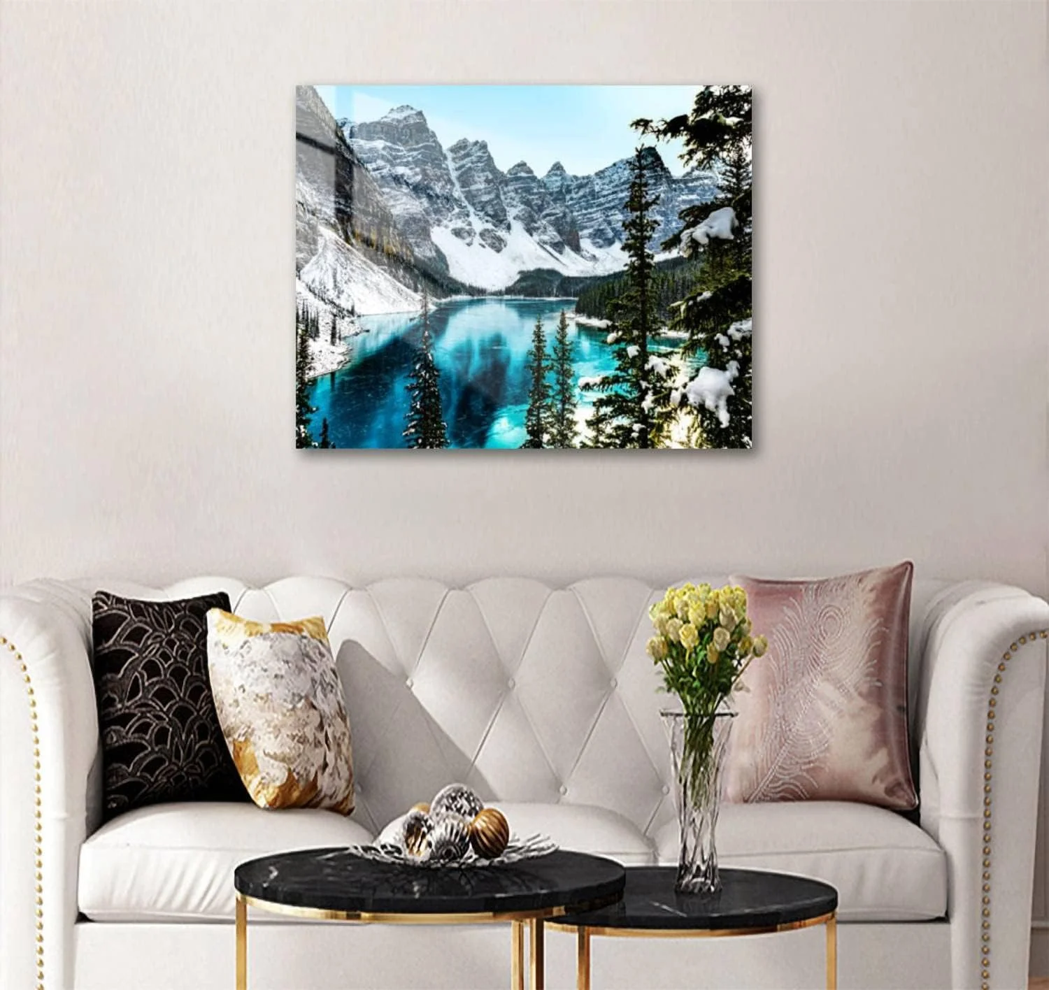 HelloGlass Tempered Glass Wall Art Prints Moraine lake panorama winter water snow covered mountains Banff Modern Wall Painting Artwork Free Floating Glass for Living Room Bedroom Office 12x8inch
