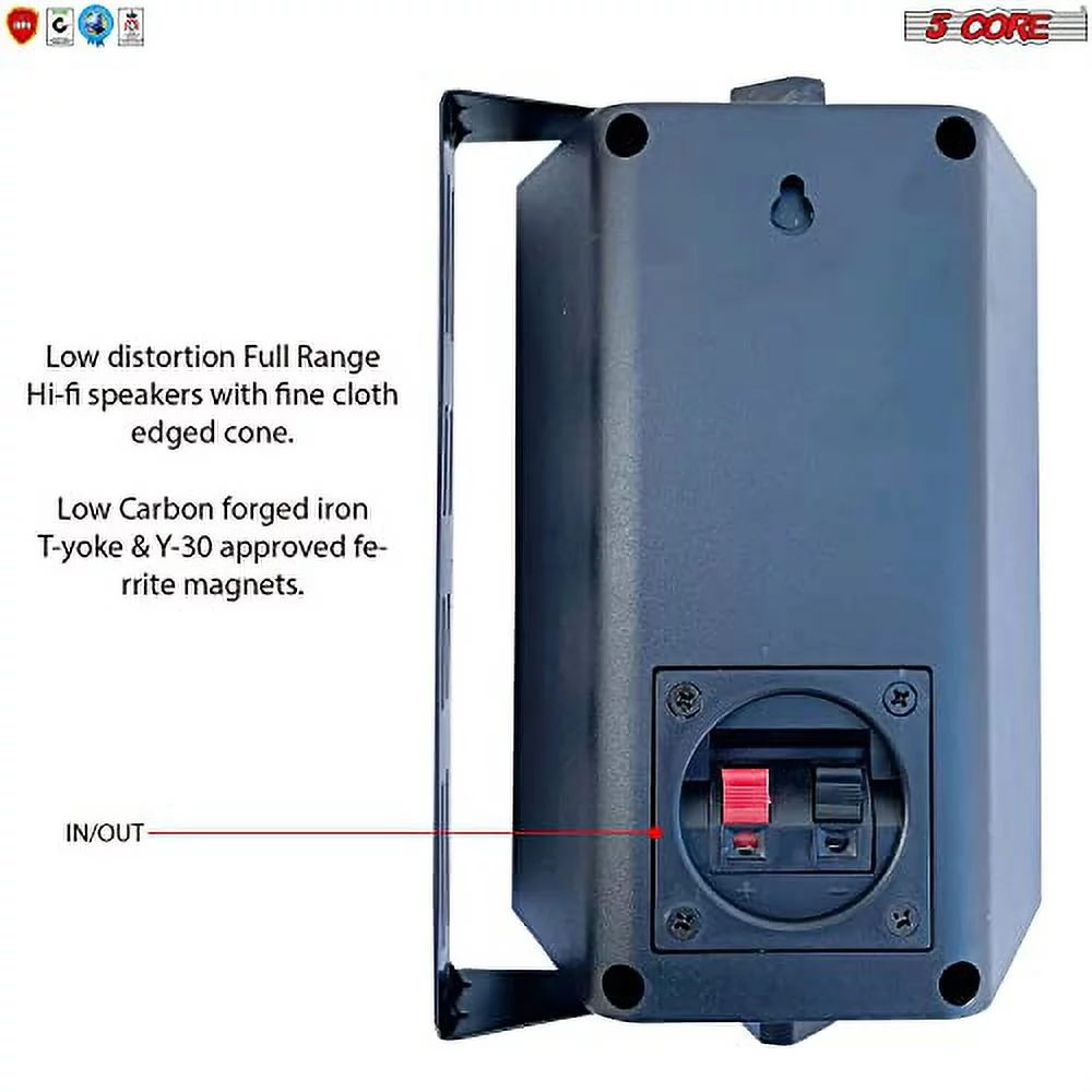 5 Core 4 Inch Outdoor Indoor Speaker 2 Way Pair 20W 8 Ω High Performance Powerful Bass with Effortless Wall Mounting Swivel, All Weather Resistance, Stereo Sound for Garage Home Black 13T BLK 1PK