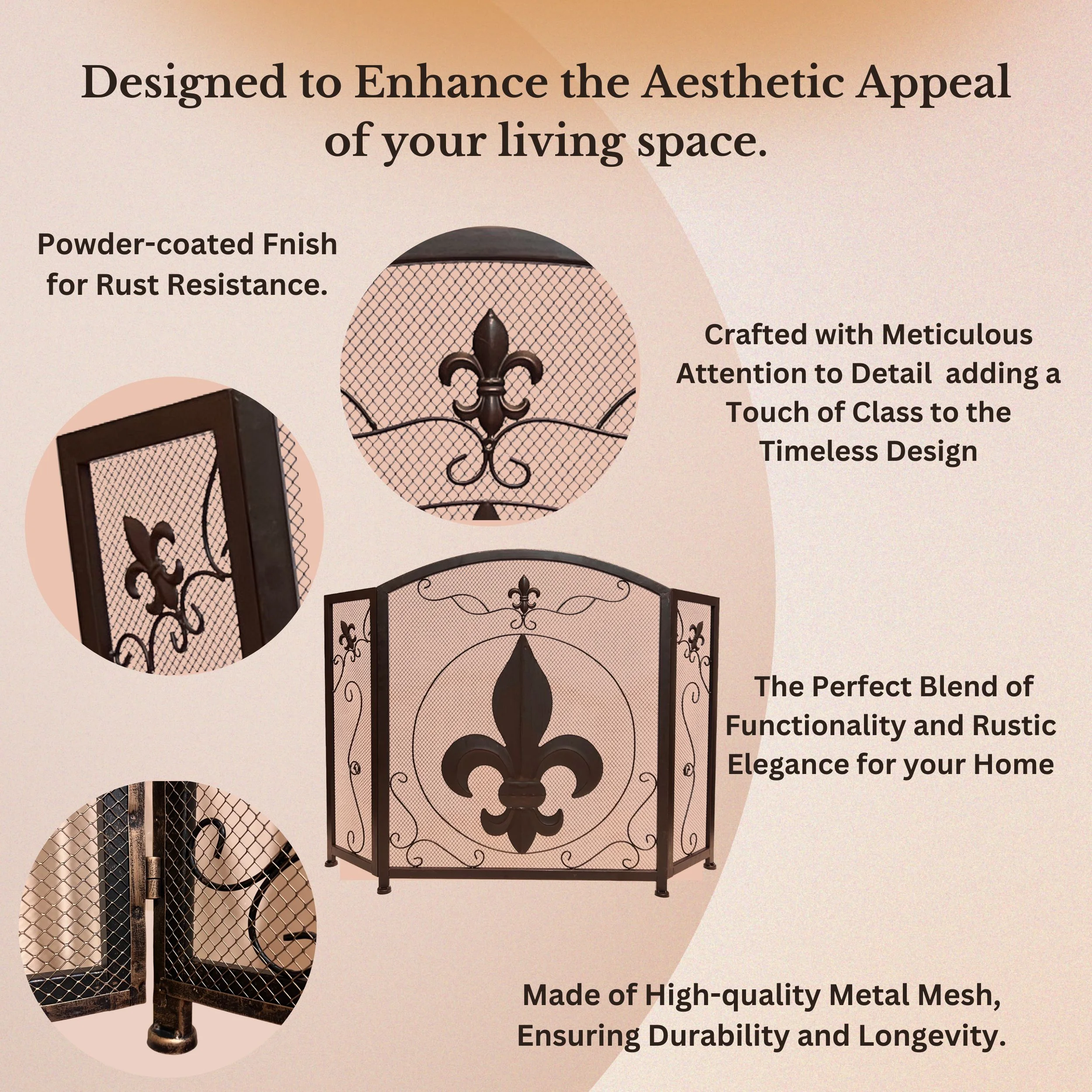 3-panel Foldable Fireplace Screen with Fleur De Lis Design