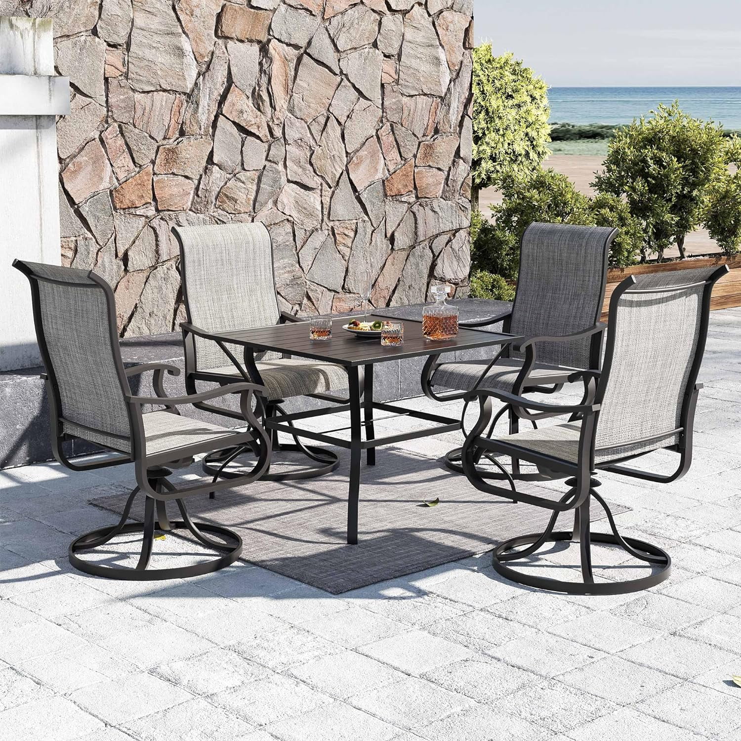 Patio Swivel Chairs Set of 6, Outdoor Dining Chairs with High Back, All-Weather Swivel Rocker Chair for Lawn, Porch or Garden (Grey)