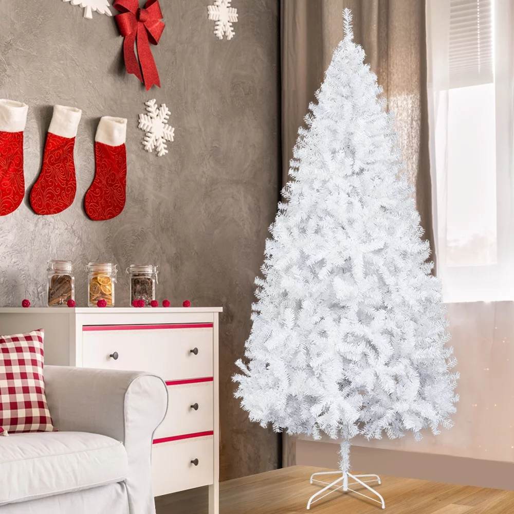 Holiday Christmas Tree, 8ft Xmas Spruce Tree with 1138 Branch Tips, White Artificial Christmas Tree with Metal Foldable Stand, Christmas Tree for Home Party Festival Decoration, D9125