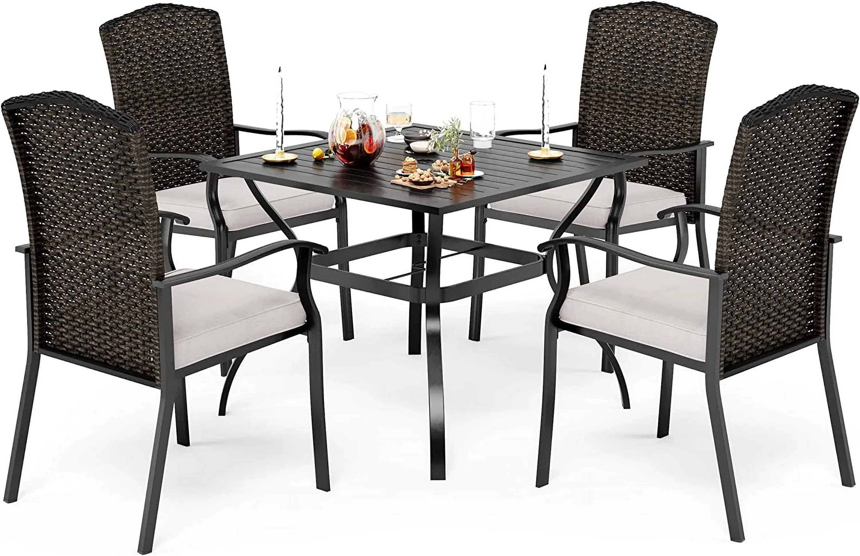 VALLEY Patio Dining Set 5 PCS C Spring Outdoor Dining Sets Wicker Patio Chairs with Cushion 37\u201Dx37\u201Dx28\u201DSquare Table 1.57" Umbrella Hole for Outdoor Kitchen Lawn Garden.