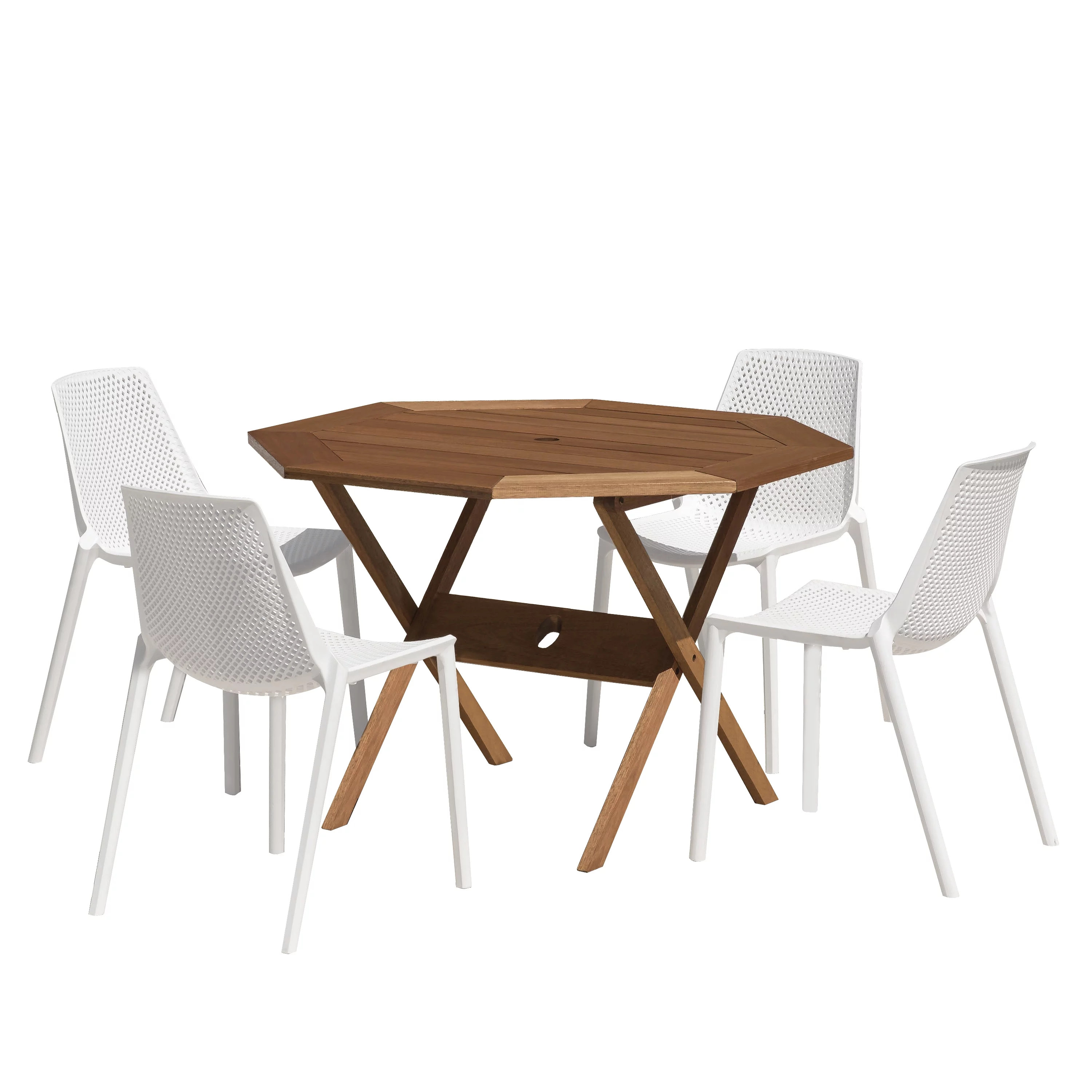 Amazonia Saralegui Wood 5 Pieces Octogonal Patio Dining Set, White Chairs, Seating Capacity: 4