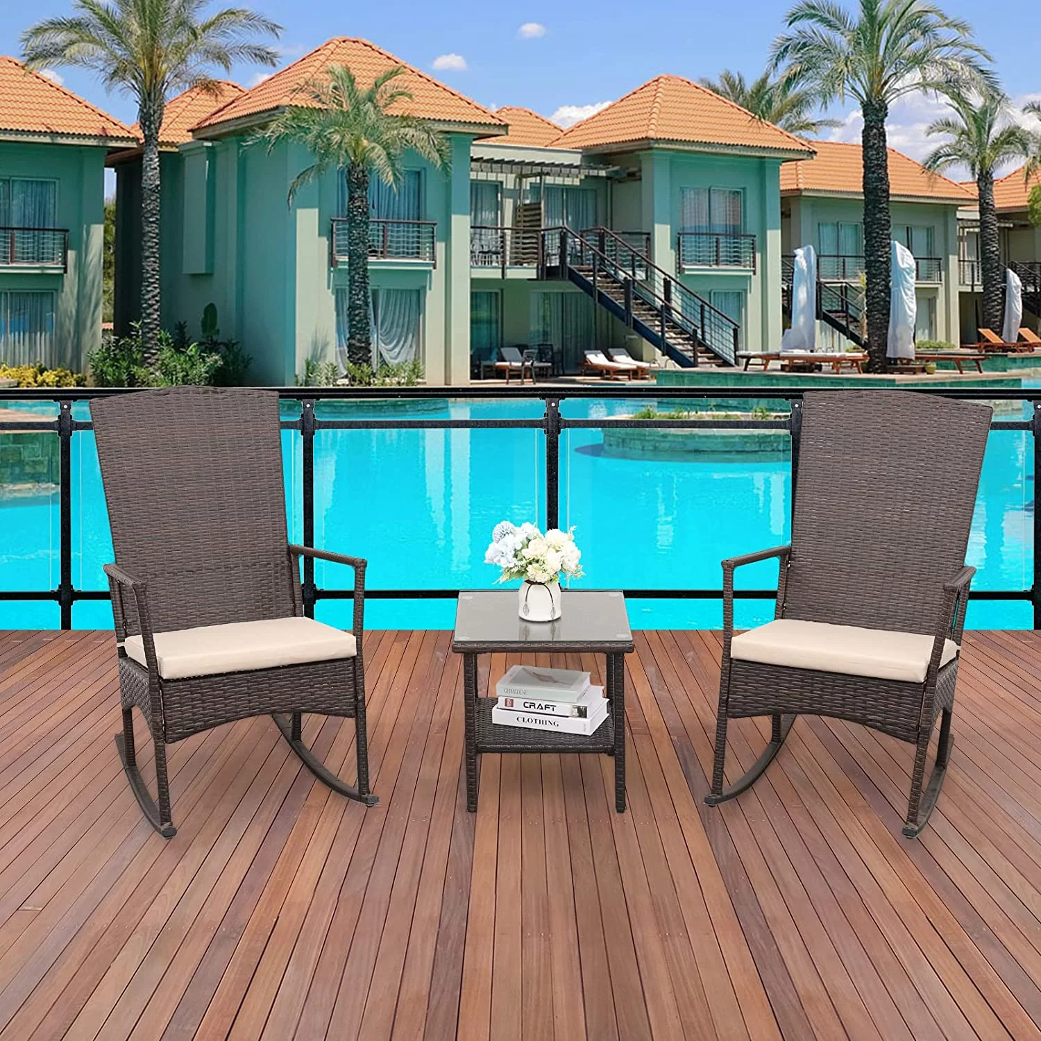 Outdoor PE Wicker Porch Rocking Chair 3 Piece Patio Bistro Set Garden Conversation  Brown Rattan with Glass Top Coffee Table  Turquoise Cushion