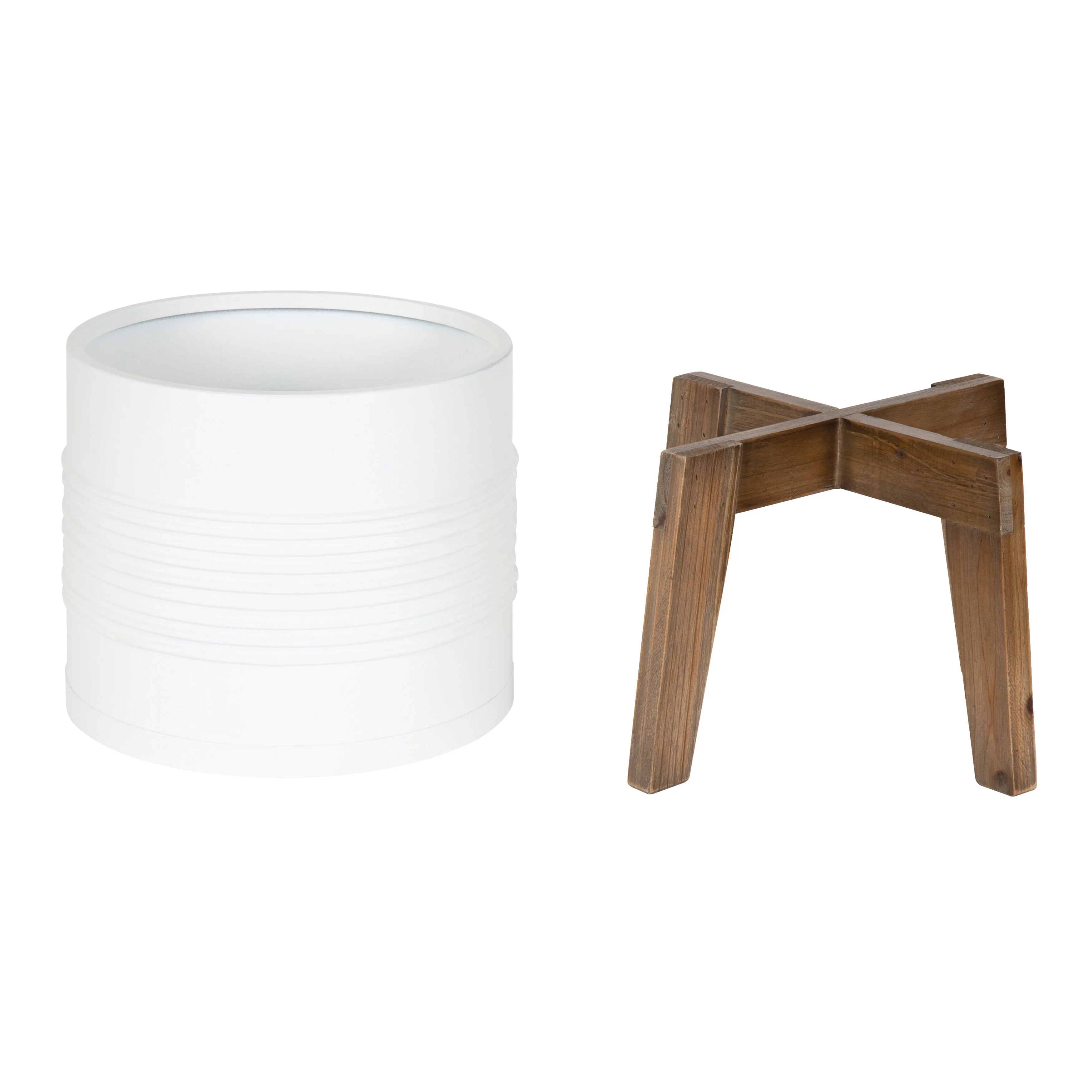 Kate and Laurel Gavri Farmhouse-Inspired Freestanding Metal Planter, White Metal Pot with Natural Rustic Wooden Legs