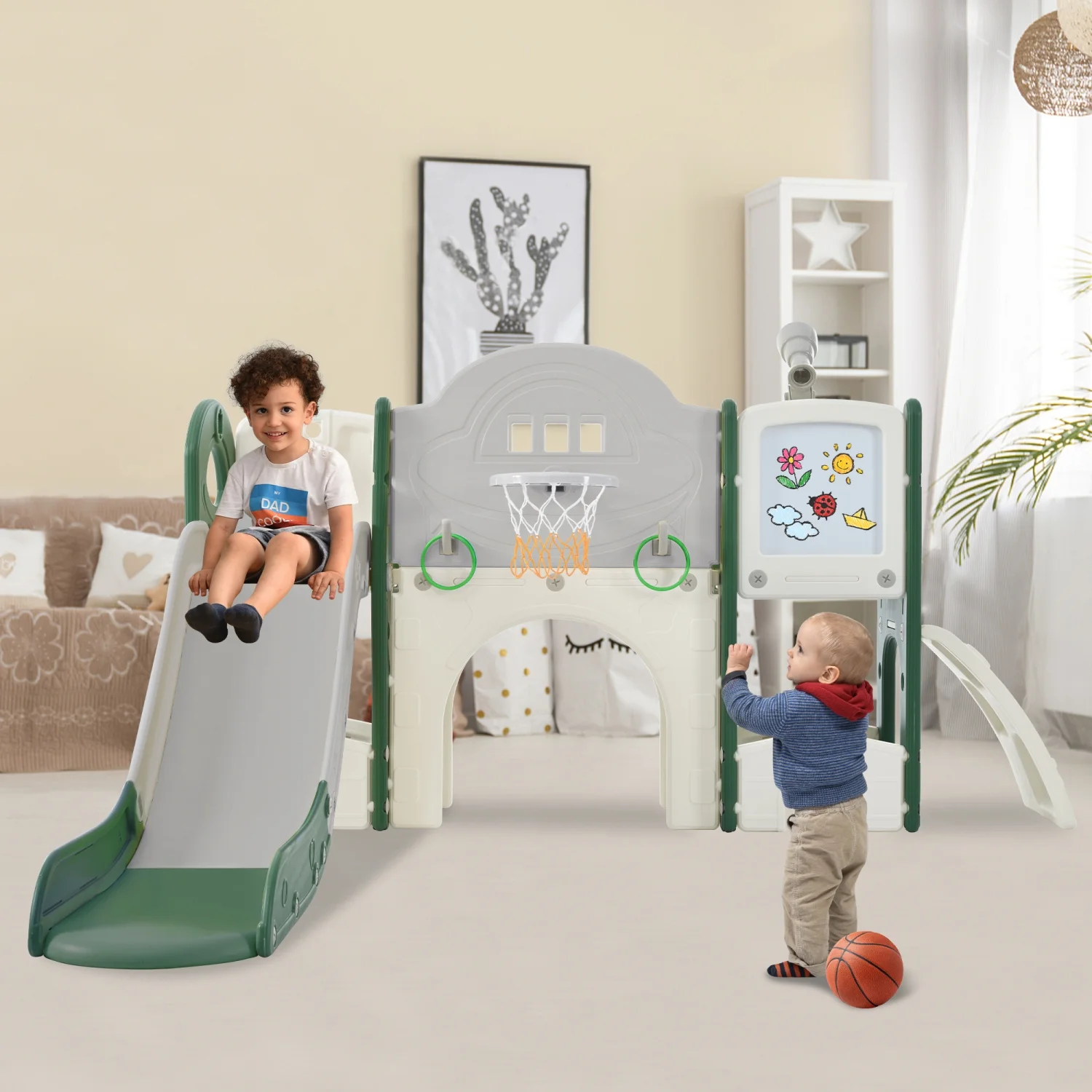 Kids Slide Playset Structure 9 in 1  Freestanding Spaceship Set with Slide  Arch Tunnel  Ring Toss  Drawing Whiteboardl and Basketball Hoop for Toddlers  Kids Climbers Playground