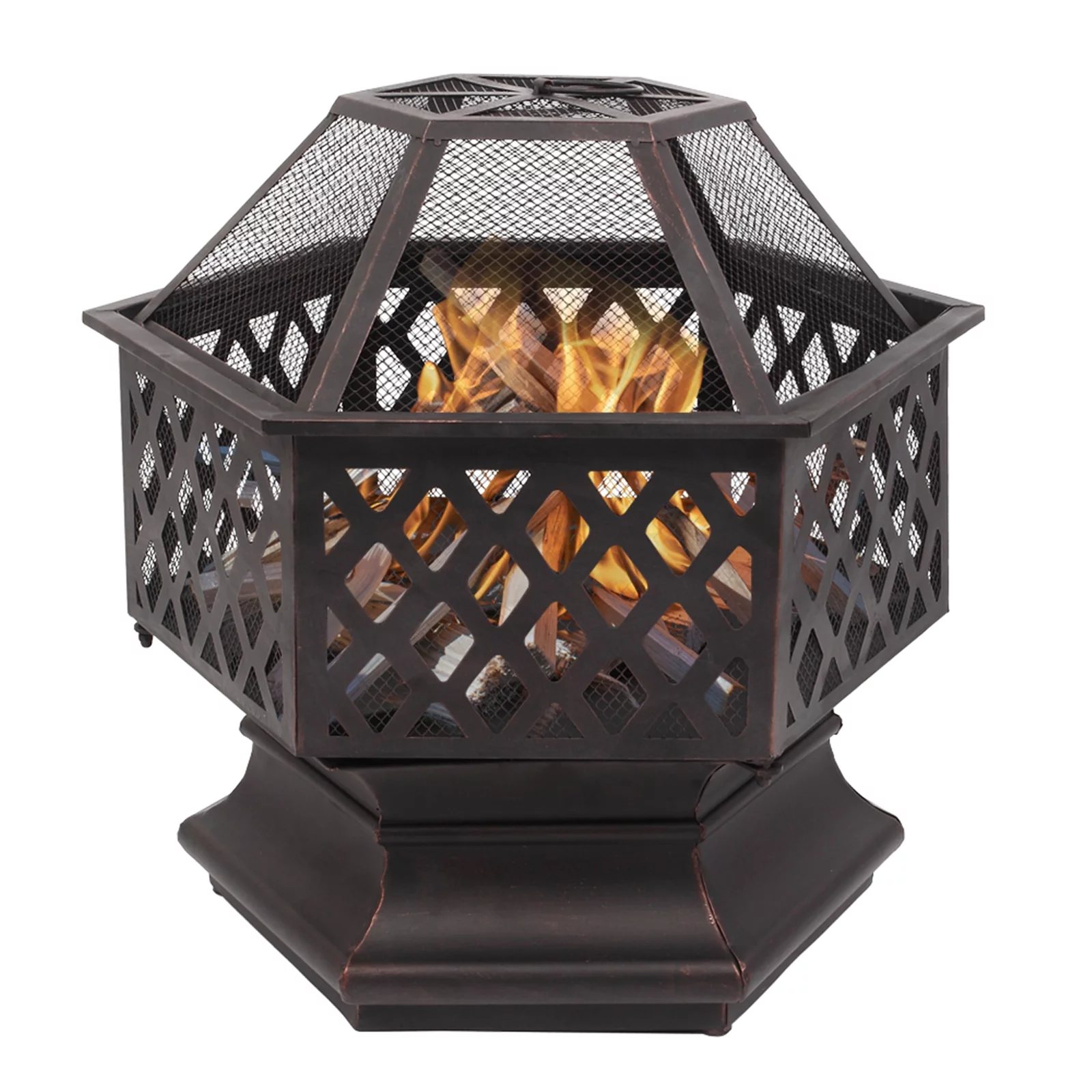 22 Hexagonal Iron Brazier Fire Pit with Wood Burning Feature for Backyard and Poolside Decoration