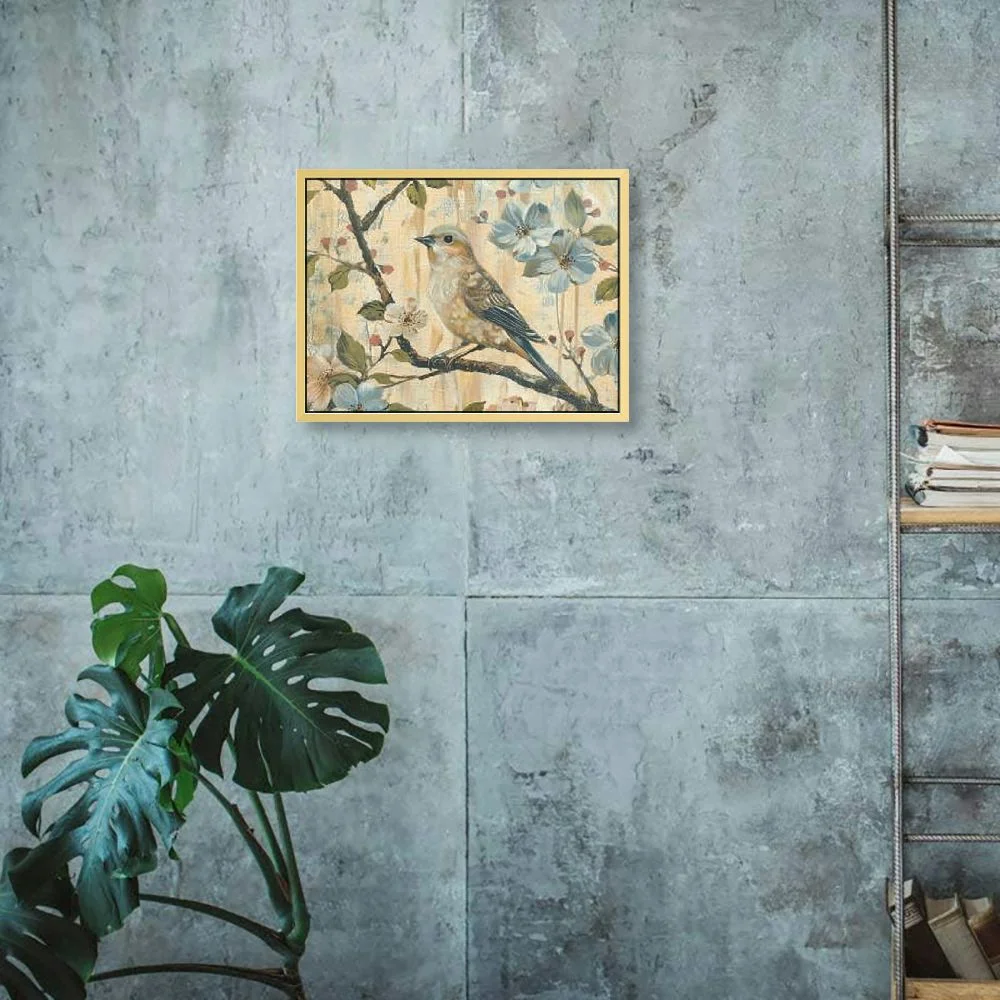 Cherry Blossom Tree Picture Framed: Flower Artwork Botanical Painting Bird Animal on the Branch Wood Print for Bedroom