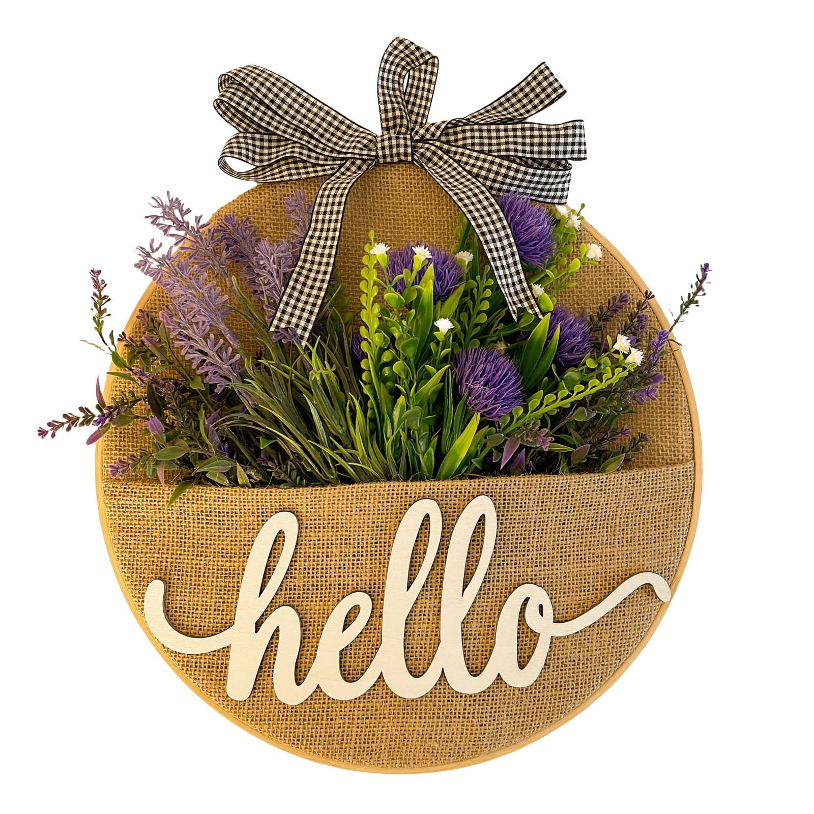 YHAIOGS Welcome Sign for Front Door Farmhouse Porch Decor Outdoor Spring Summer Embroidery Hoop Pocket Wreath Spring Summer Lavender Burlap Wall Hanger Wreath with Burlap Pockets for