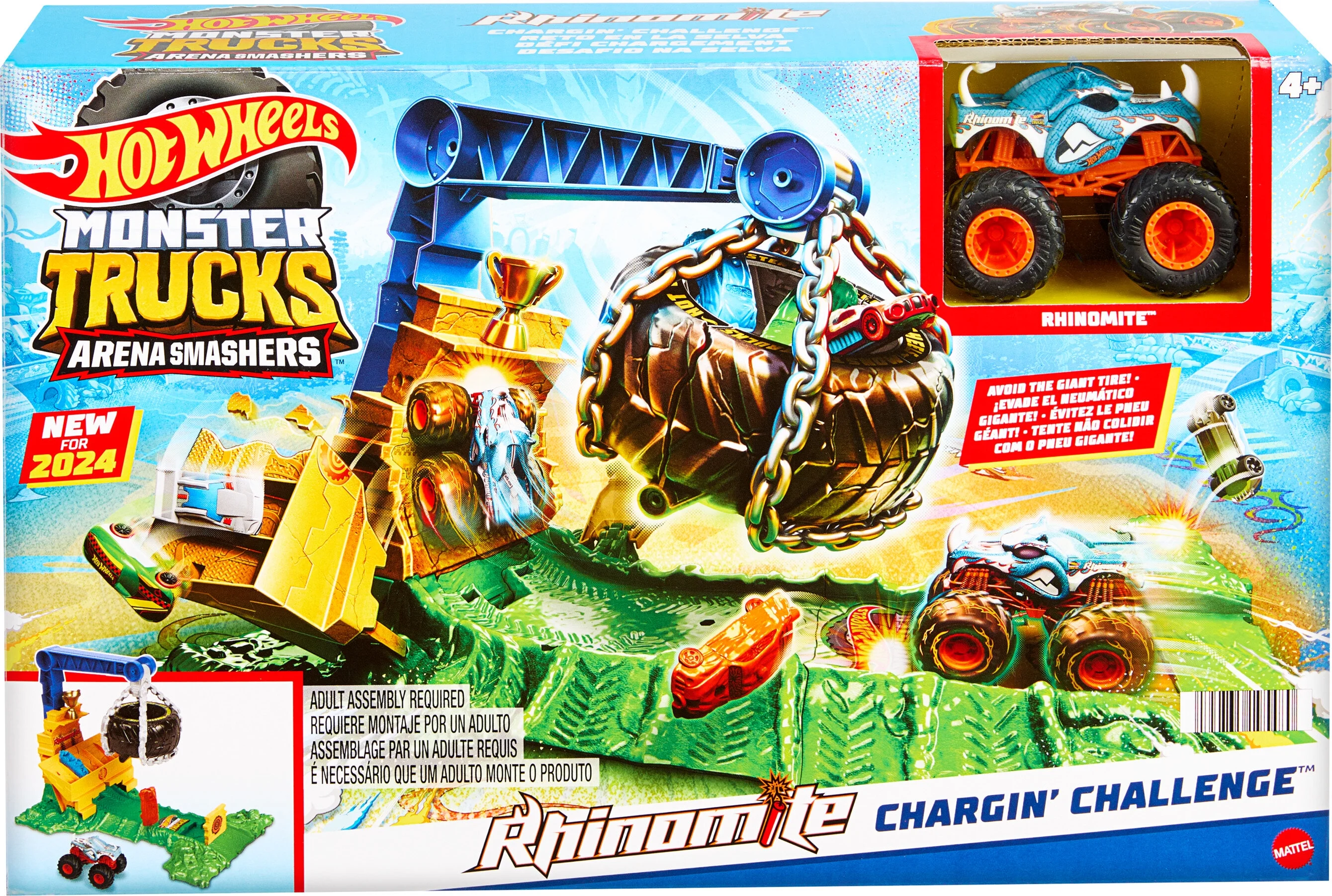 Hot Wheels Monster Trucks Rhinomite Chargin’ Challenge Playset with 1 Toy Truck & 2 Crushed Cars