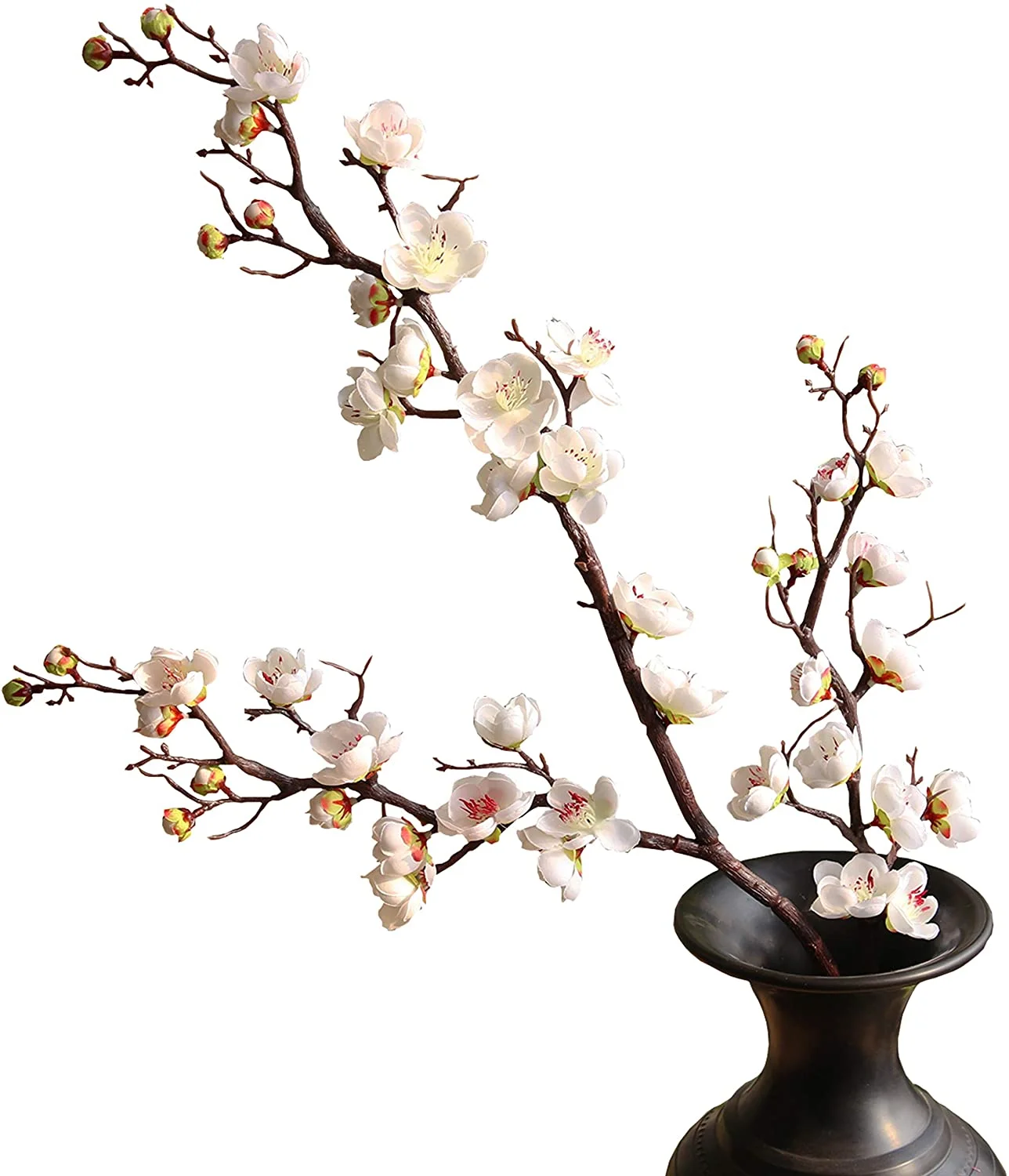 NAMZI 3pcs Artificial Cherry Blossom Branches,23 Inch Long Stem Silk Plum Blossom with Buds,White