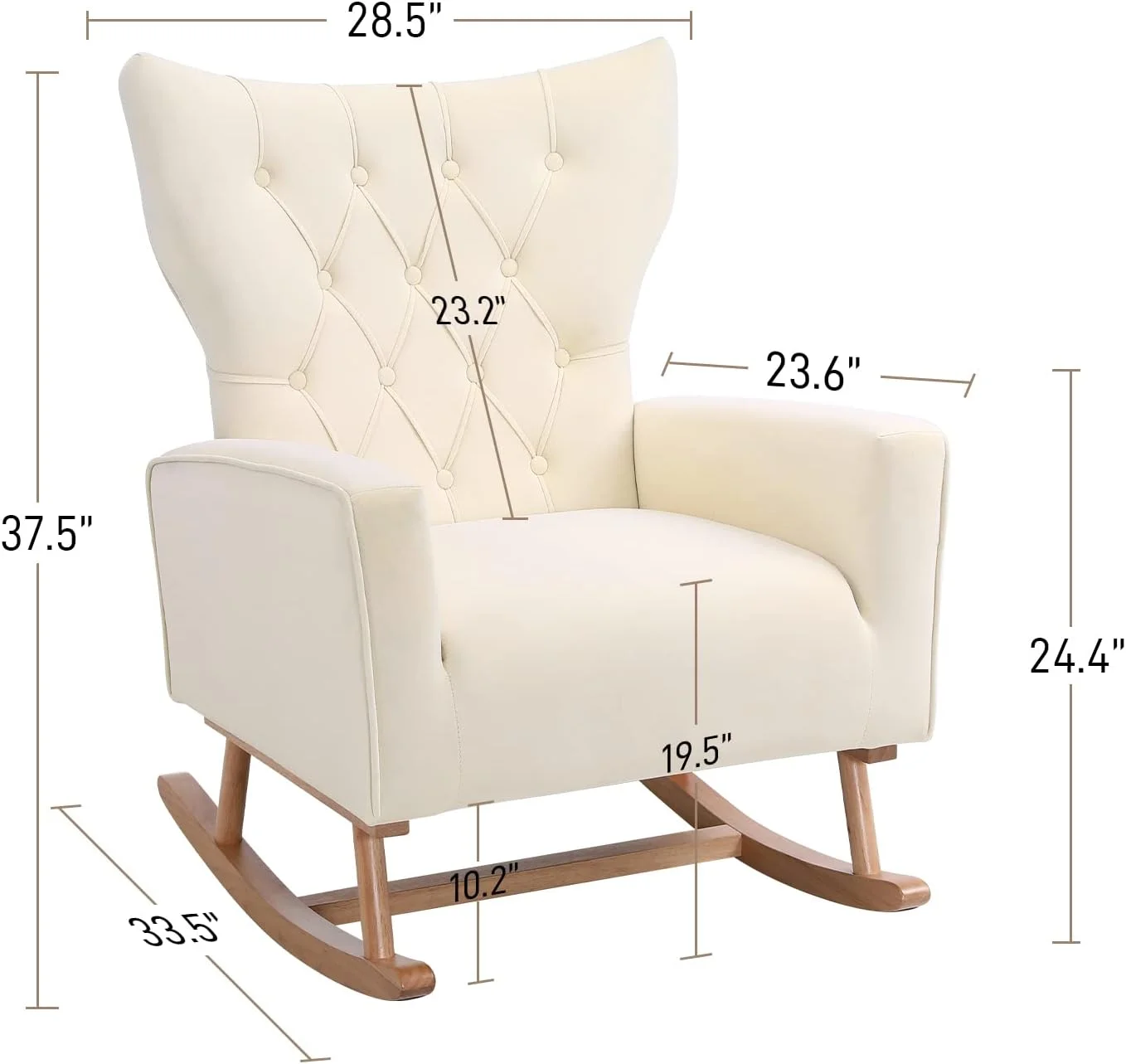 HBROLJF Velvet Nursery Rocking Chairs  Glider Rocker for Baby Nursery with Solid Wood Base   Armchair with High Backrest  Beige