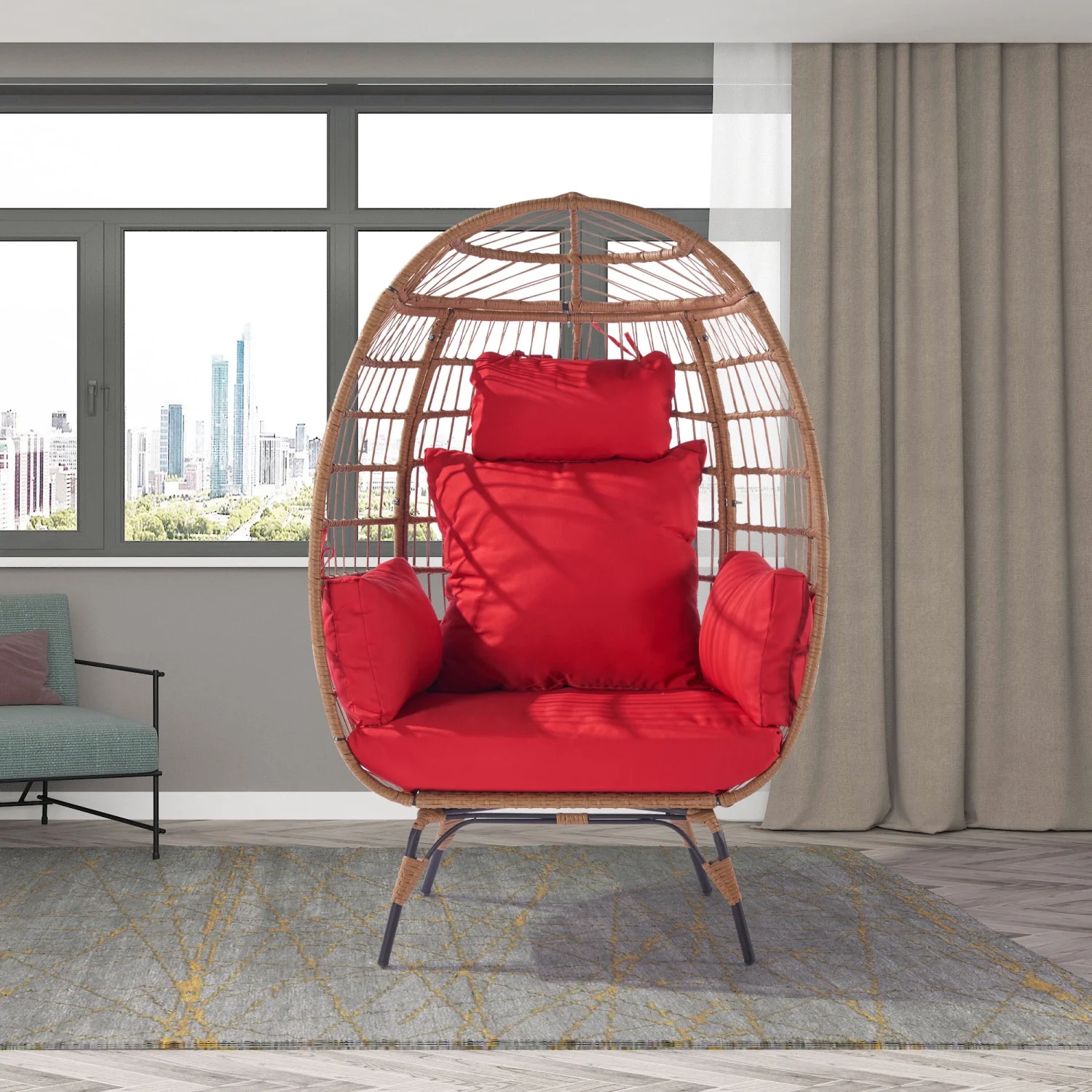 TQJKLFDY Wicker Egg Chair  Oversized Indoor Outdoor Lounger for Patio  Backyard  Living Room w/ 5 Cushions  Steel Frame  - Red