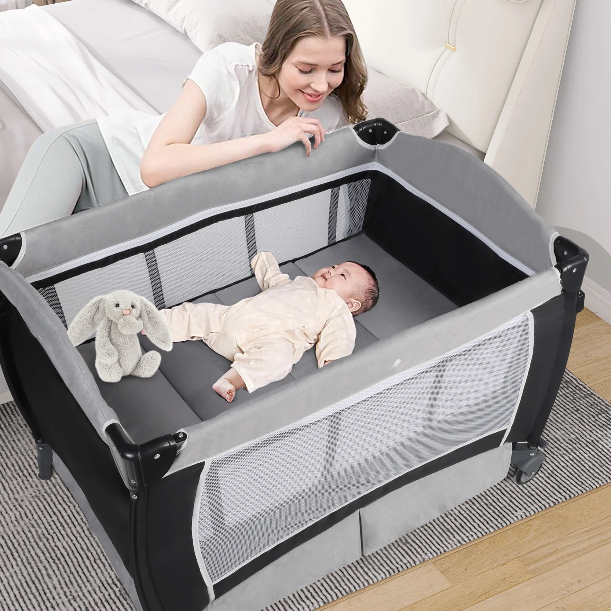 AILEEKISS Unisex Nursery Center, Foldable Baby Playard with Changing Table for Newborn, Storage Rack