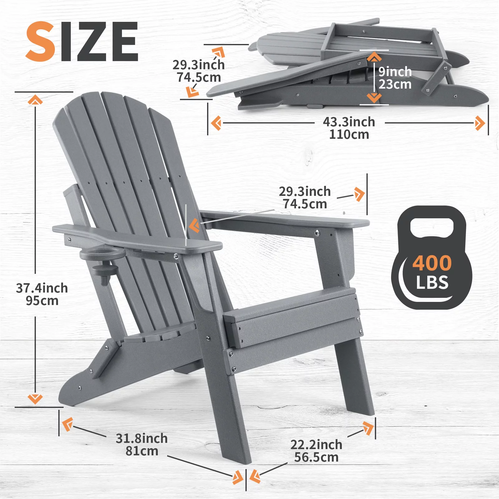 PAOLFOX Patio Folding Adirondack Chair with Cup Holder, Gray