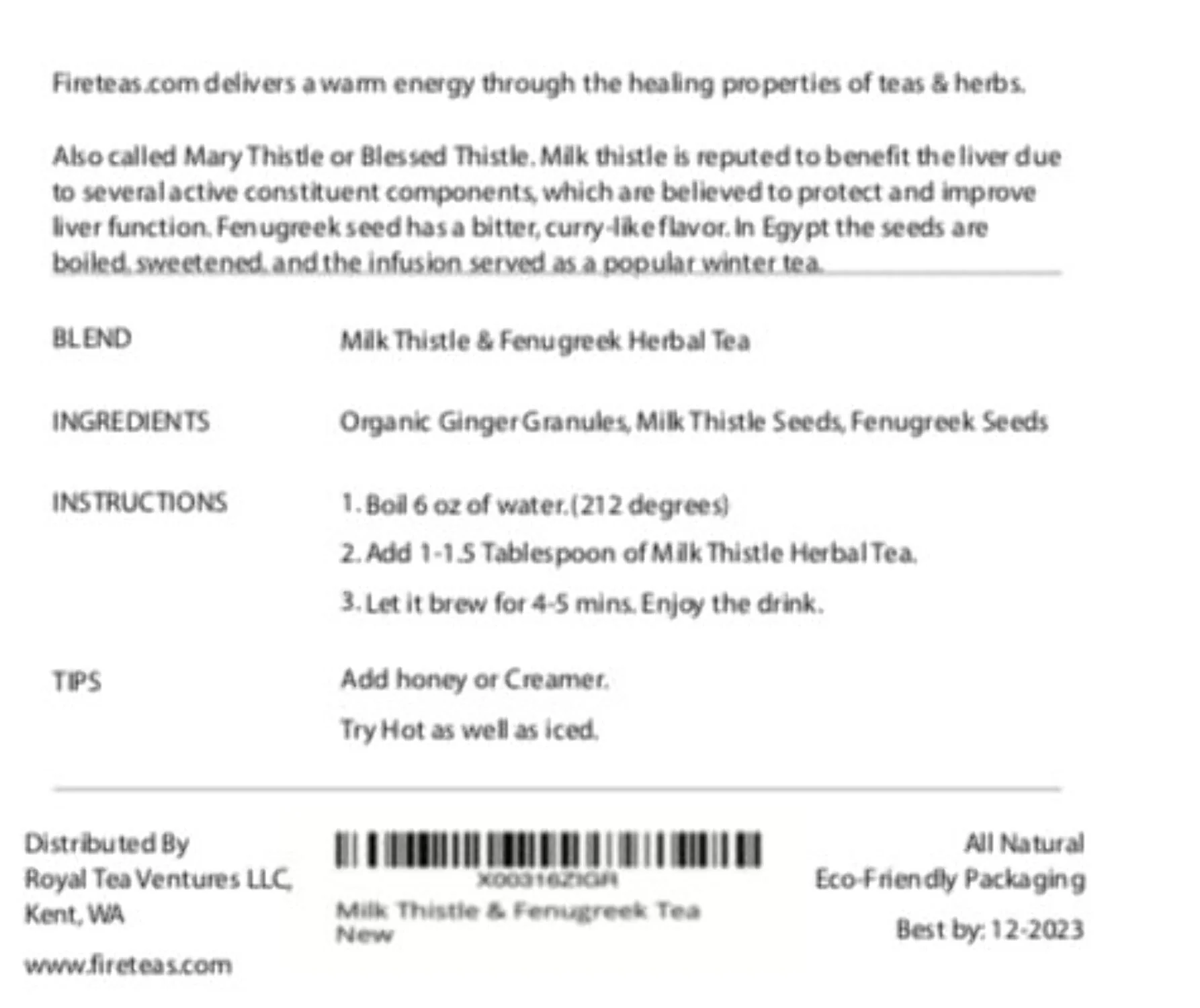 FIRE TEAS Milk Thistle  Fenugreek Seeds Herbal Tea - Herbal Folk Remedy Tea - Loose Leaf - Made in the USA.