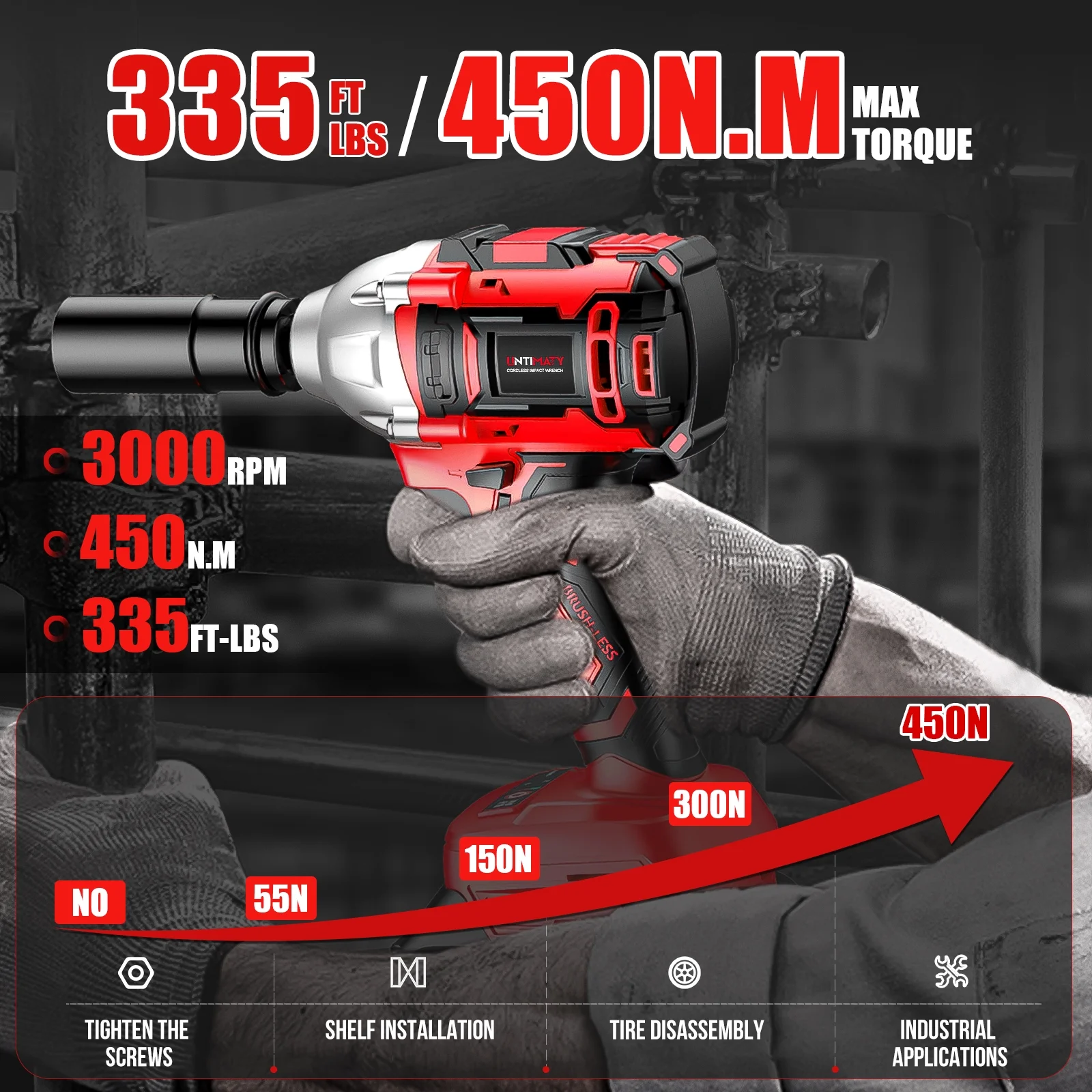 Cordless Impact Wrench, Power 1/2 inch Brushless Impact Gun, Max Torque 350 Ft-lbs(450N.m) Impact Wrench with 20V Brushless Motor, with 2 x 2.0Ah Li-ion Battery & 7 Sockets,9 Drill,6 Screws