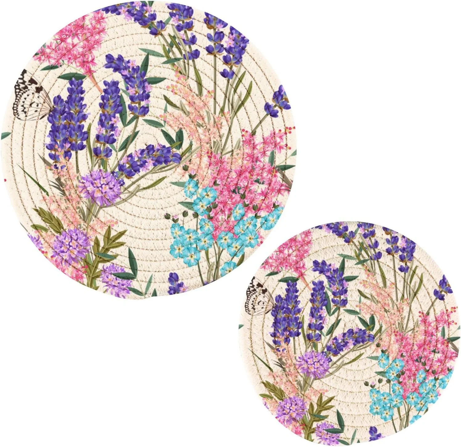 SKYSONIC Summer Flowers Pot Holders Trivets, 2 Pcs Heat Resistant Trivets,Colorful Purple Cotton Thread Weave Mats for Hot Pads Pans Pot Bowl Teapot for Kitchen Decor