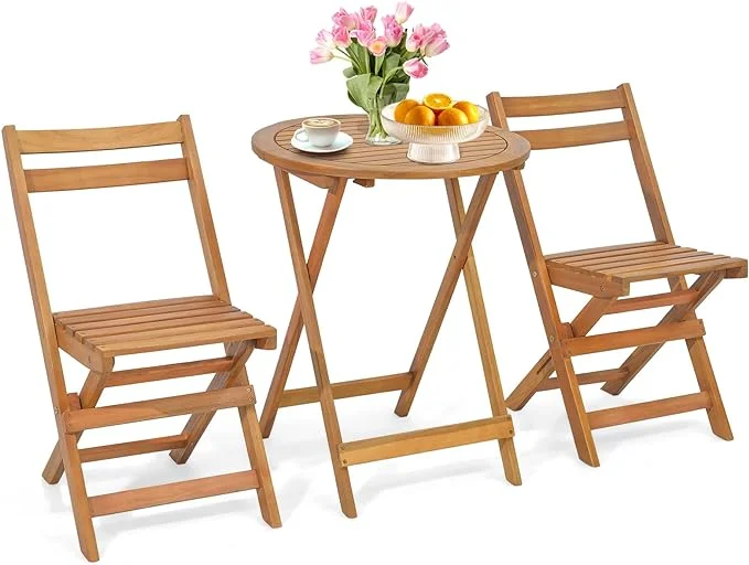 Folding Patio Bistro Set Wood Chair Table Set with Slatted Acacia Wood Seat & Tabletop, Cozy High Back Chairs with Table, Outdoor Dining Set for Backyard, Poolside