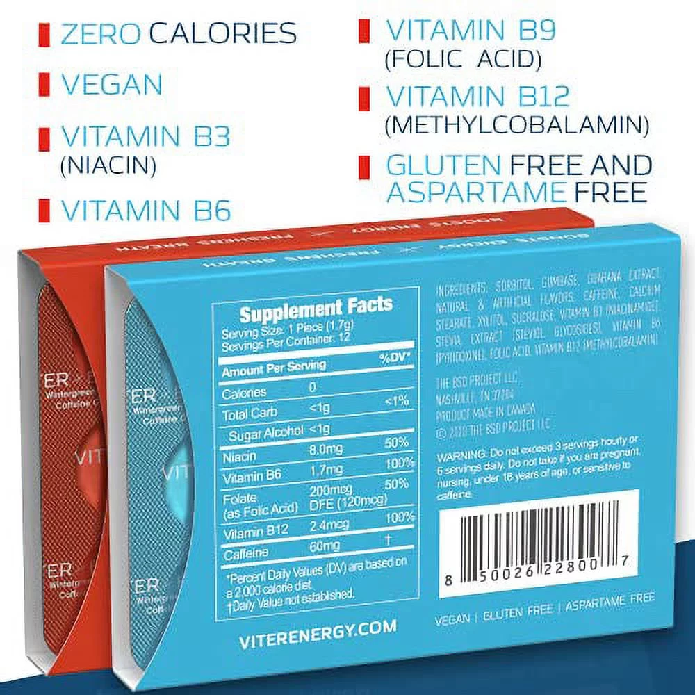 Viter Energy Chewing Gum 60mg Caffeine & B Vitamins, Wintergreen & Cinnamon Variety - 48 Count (4 Pack)