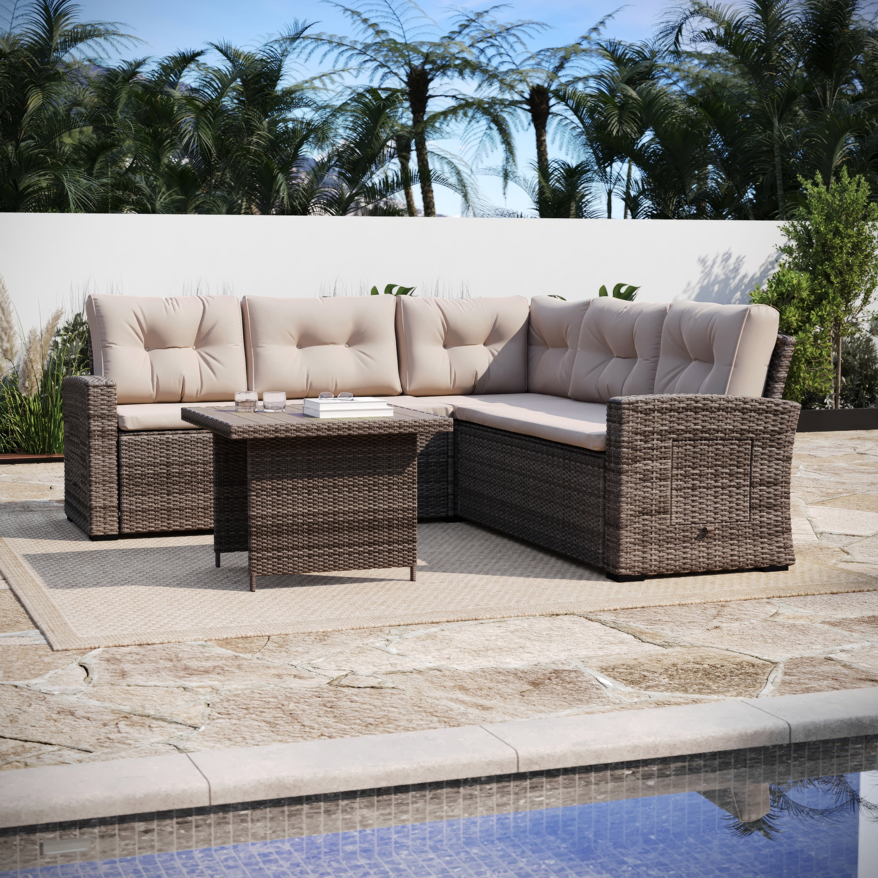 Flash Furniture Indoor/Outdoor Wicker Rattan Conversation Set, L-Shaped Sofa with Dining Table, Weather Resistant Cushions, Beige and Brown