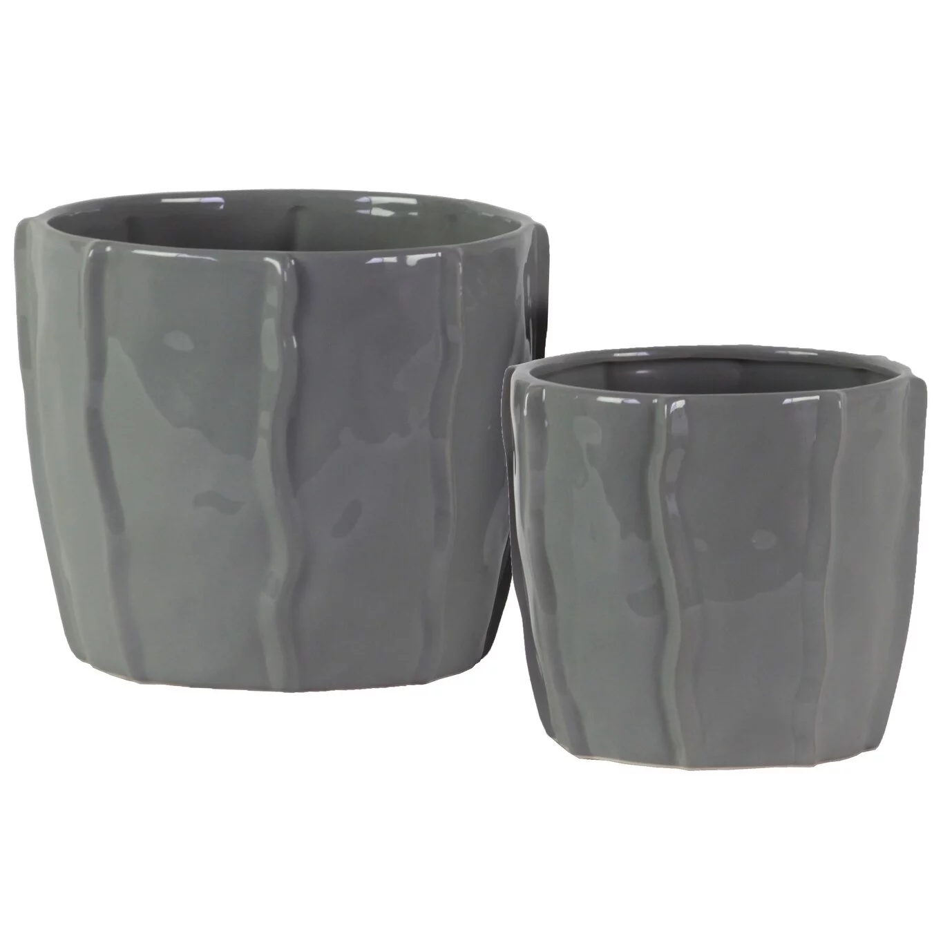 Urban Trends Collection  Ceramic Low Pot with Embedded Wave Design Body - Gloss & Gray - Set of 2