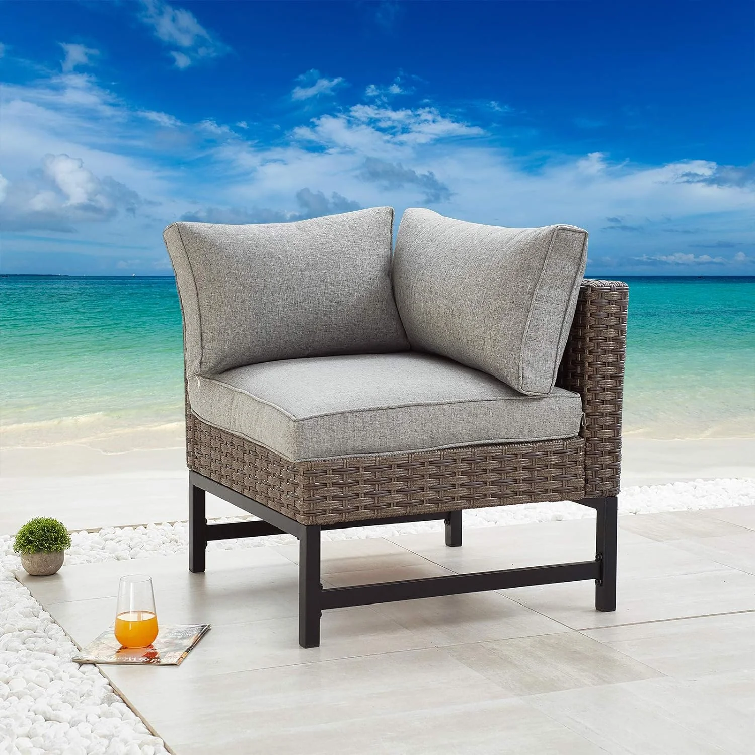 ASDRFYU Dining Outdoor Patio Bistro  Right Armrest Chair with Wicker Rattan Armrest Premium Fabric Comfort&Soft 3.1"Cushion with Metal Slatted Steel Leg for Garden Poolside All-We