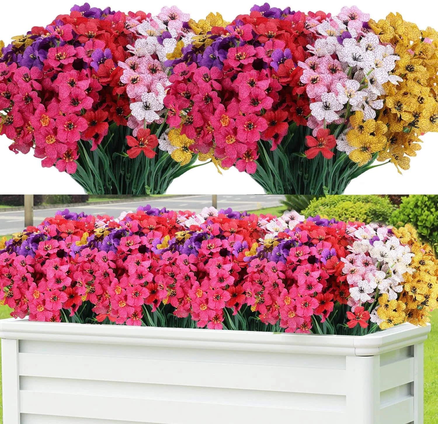 24 Bundles Artificial Fake Flowers for Outdoors, UV Resistant Faux Silk Flowers Plants for Hanging Planters Home Garden Window Box Front Porch Indoor Outside Decorations 6 Colors Mixed
