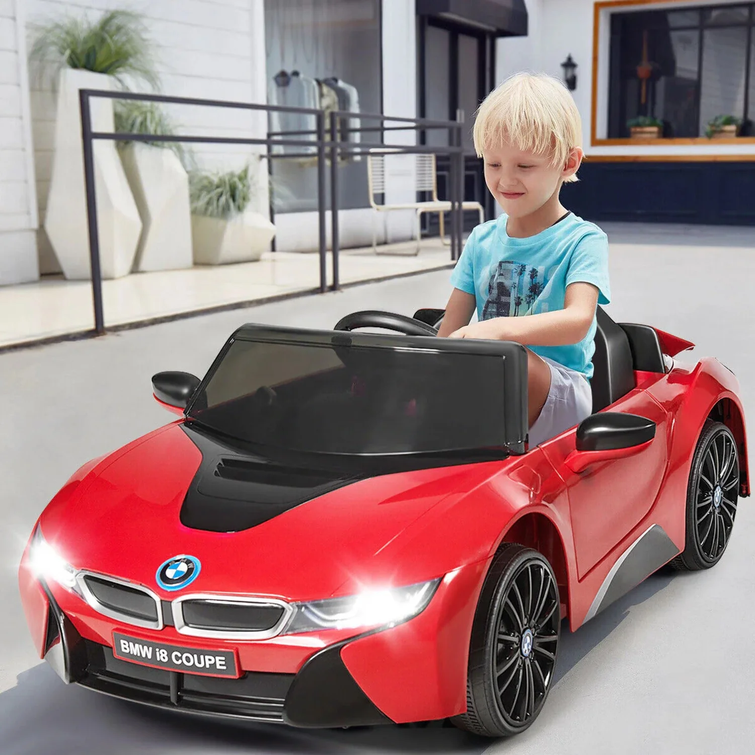 HoneyJoy 12V Licensed BMW I8 Kids Ride On Car with Remote Control, MP3 Player, and LED Lights in Red