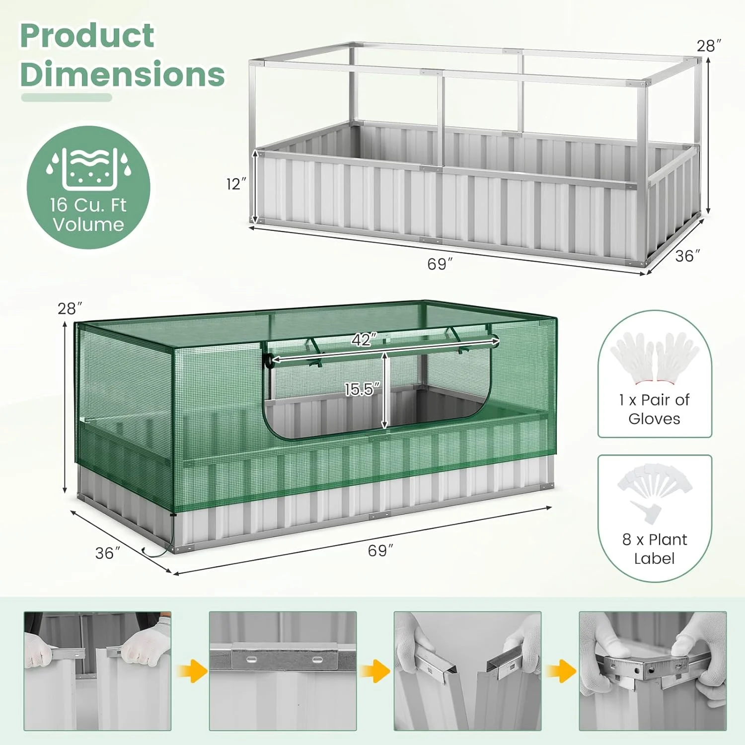 Galvanized Raised Garden Bed with Greenhouse, 69”x36”x28” Metal Planter Box with Roll Up Window, Flower Bed for Home Outdoor Growing Vegetable, 1 Pair of Gloves, 8 PCS Tags Included