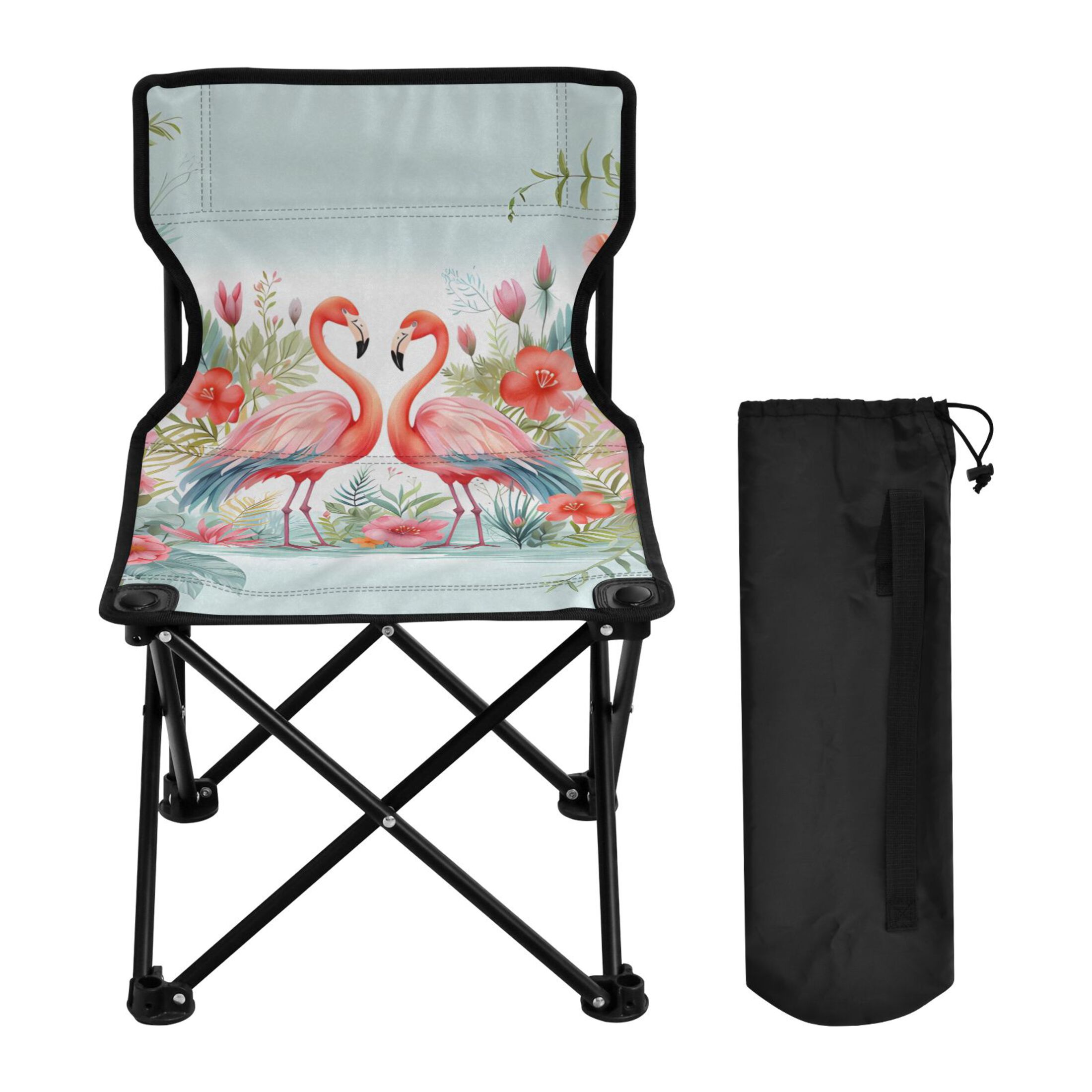 Flamingo and Flowers Portable Camping Chair Outdoor Folding Beach Chair Fishing Chair Lawn Chair with Carry Bag Support to 220LBS