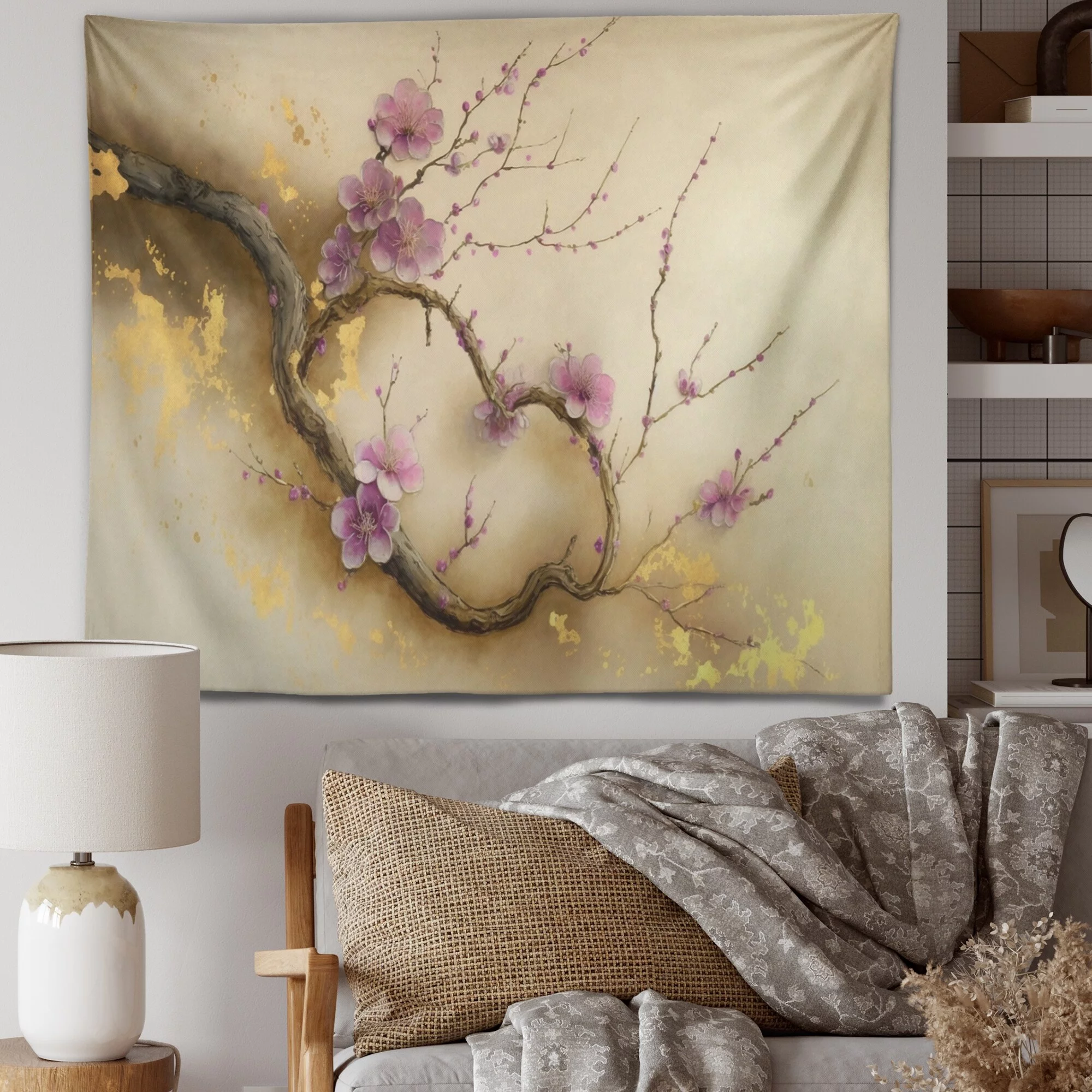DESIGN ART Designart 'Pink And Plum Cherry Blossom Branch VI' Tree Cherry Blossom Wall Tapestry 39 in. x 32 in.