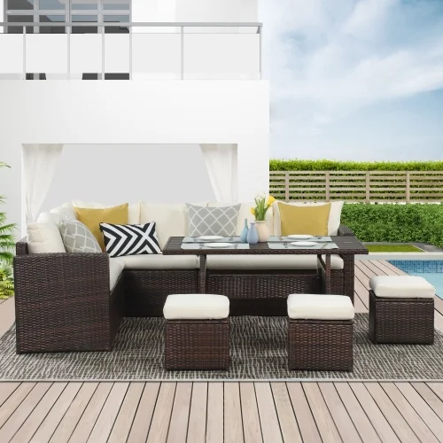 Buumin Brown Wicker Convertible Sectional Sofa Couch Furniture Set White Couches For Living Room Patio Garden Outdoor