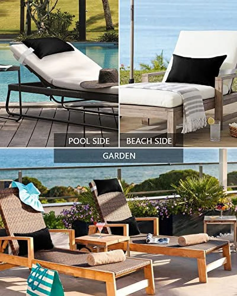 Black Outdoor Recliner Pillows for Head, Waterproof Chair Pillow with Elastic Stripe, Pure Black Chaise Lounge Headrest Pillow for Patio/Beach/Pool 2Pack