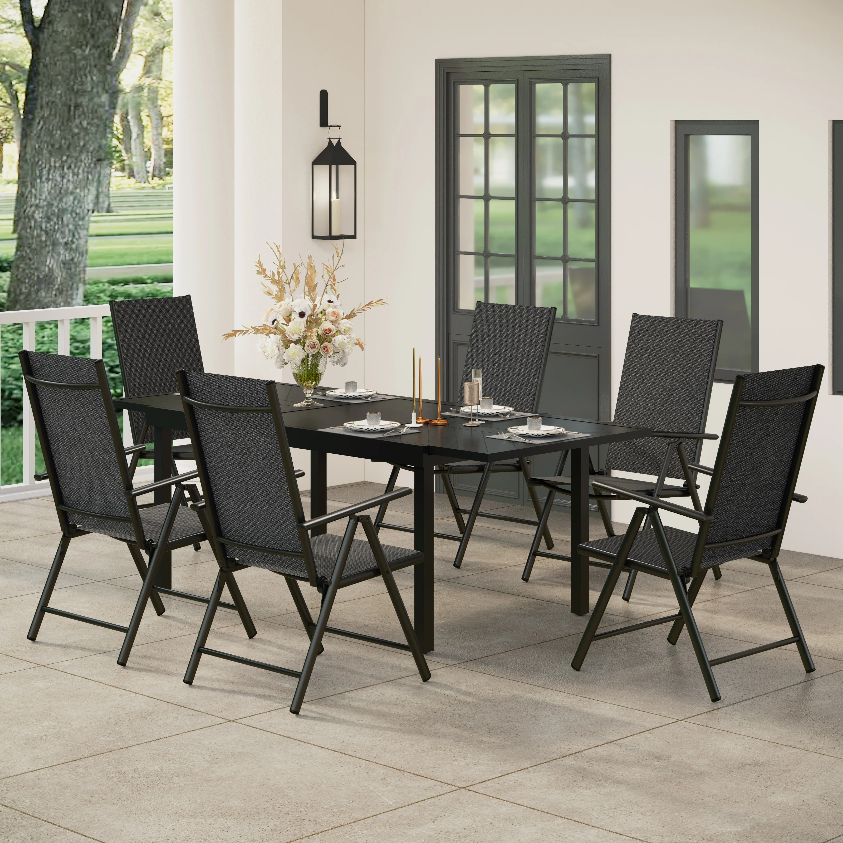 Outdoor 7 Pieces Dining Set, 6 x Reclining Folding Sling Dining Chairs and 1 Patio Extendable Table for 6-8 Person - 7-pieces Black