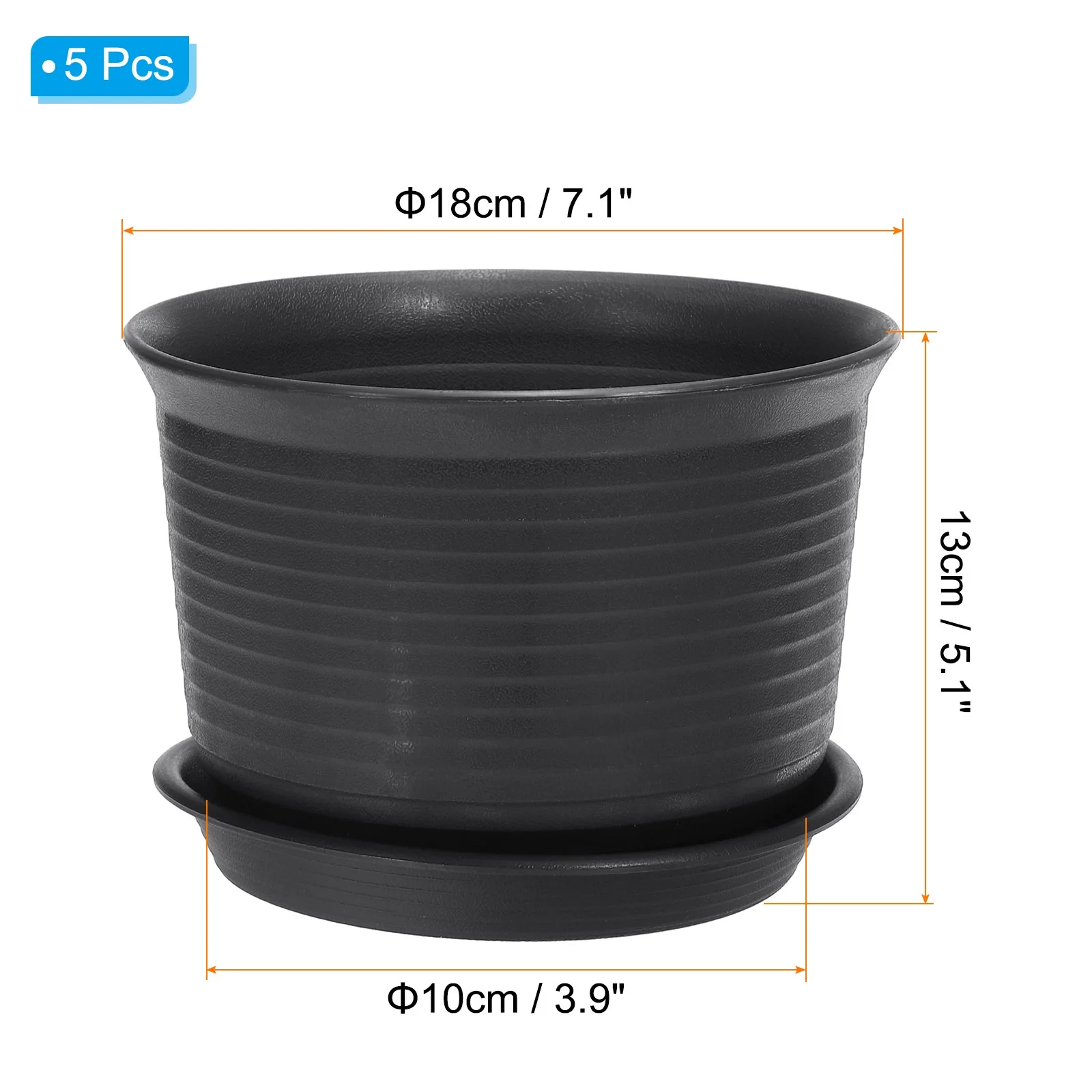 Uxcell 7 Inch Plastic Plant Pots Flower Planters with Drainage Holes and Tray, Black 5 Pack