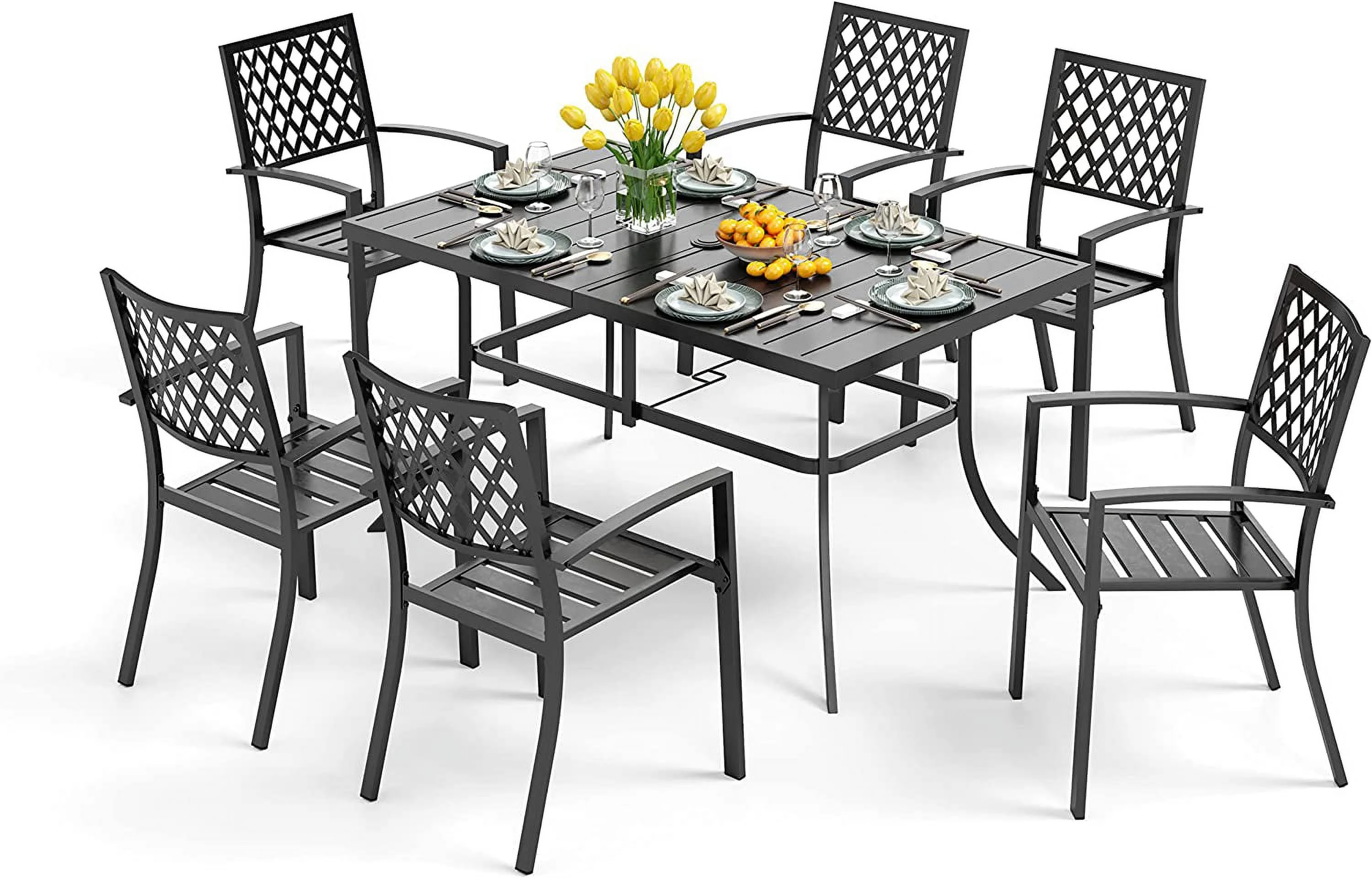 VILLA Patio Dining Set 7 Pcs 1 Metal Dining Table and 6 Patio Stackable Chairs for Outdoor Backyard Bistro Furniture Set