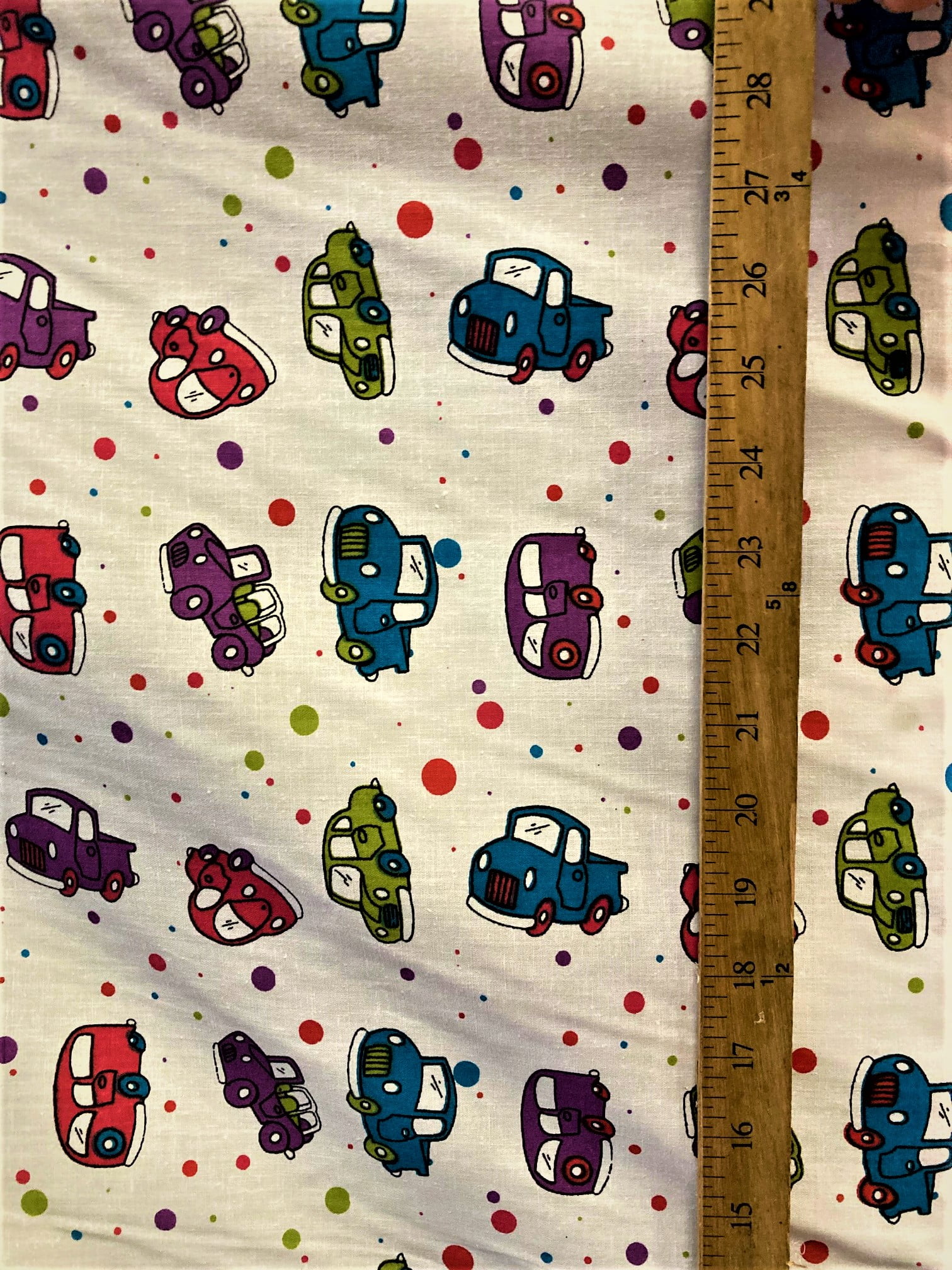 Lillycraft Mini-Cars and Buses on White Polycotton Fabric 58”/60” Sold by the Yard