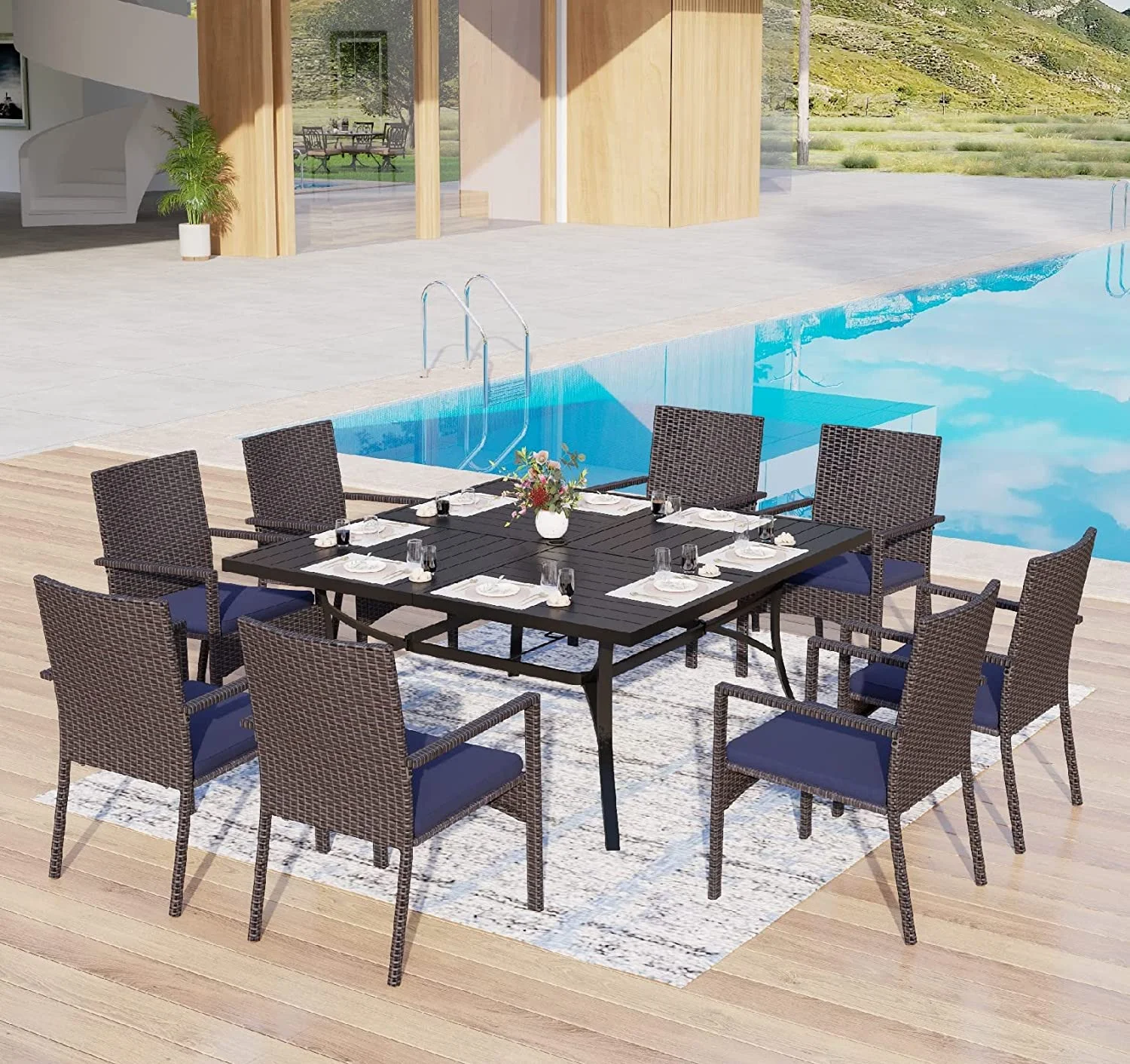 Patio  Set for 6  7 Piece Outdoor Dining Set  6 Rattan Sofa Chairs with Removable Cushions and 1 Rectangular Table  1.57'' Umbrella Hole