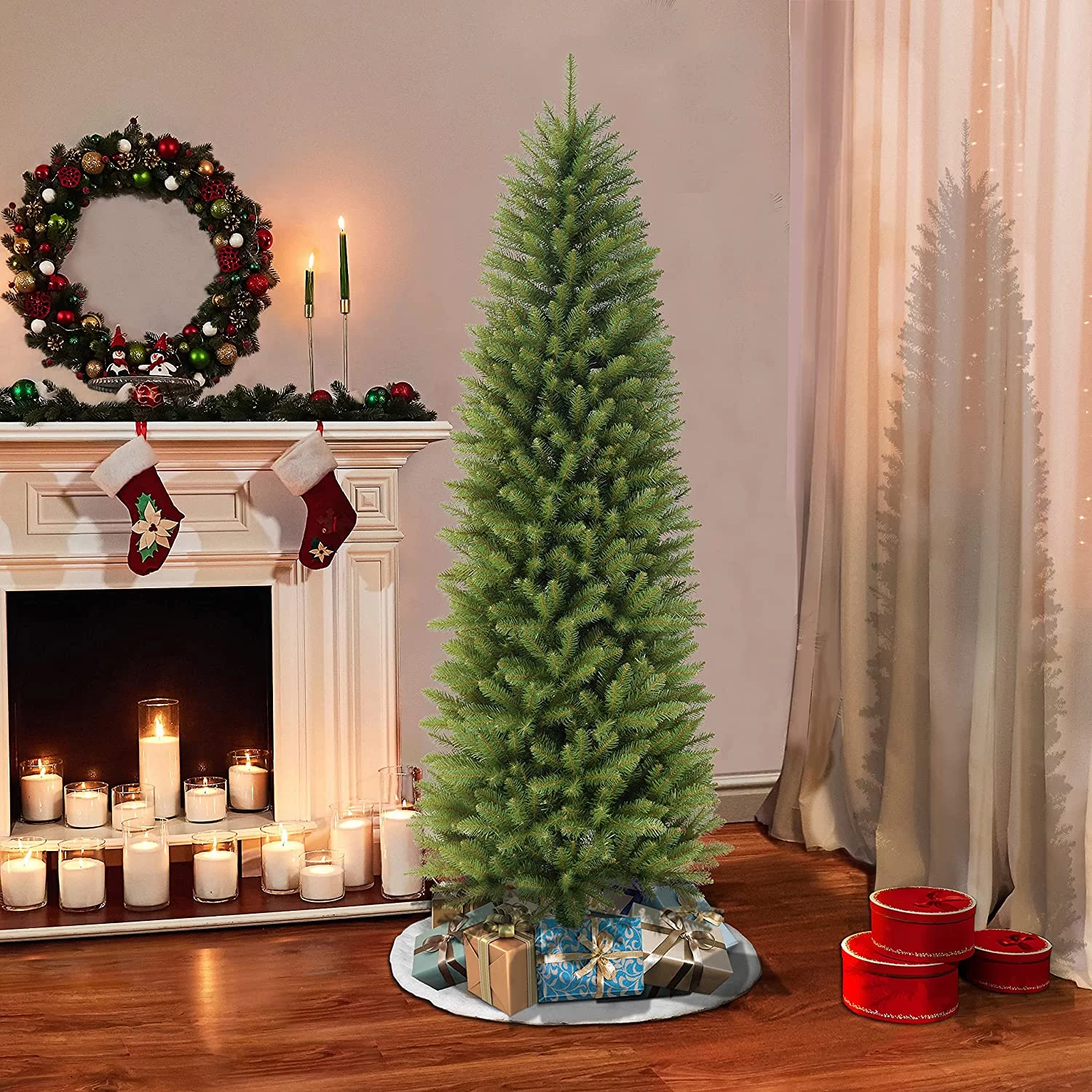 HYUN 6.5' Pencil Fraser Fir Artificial Christmas Tree with Stand, Green, (FFPT-65)