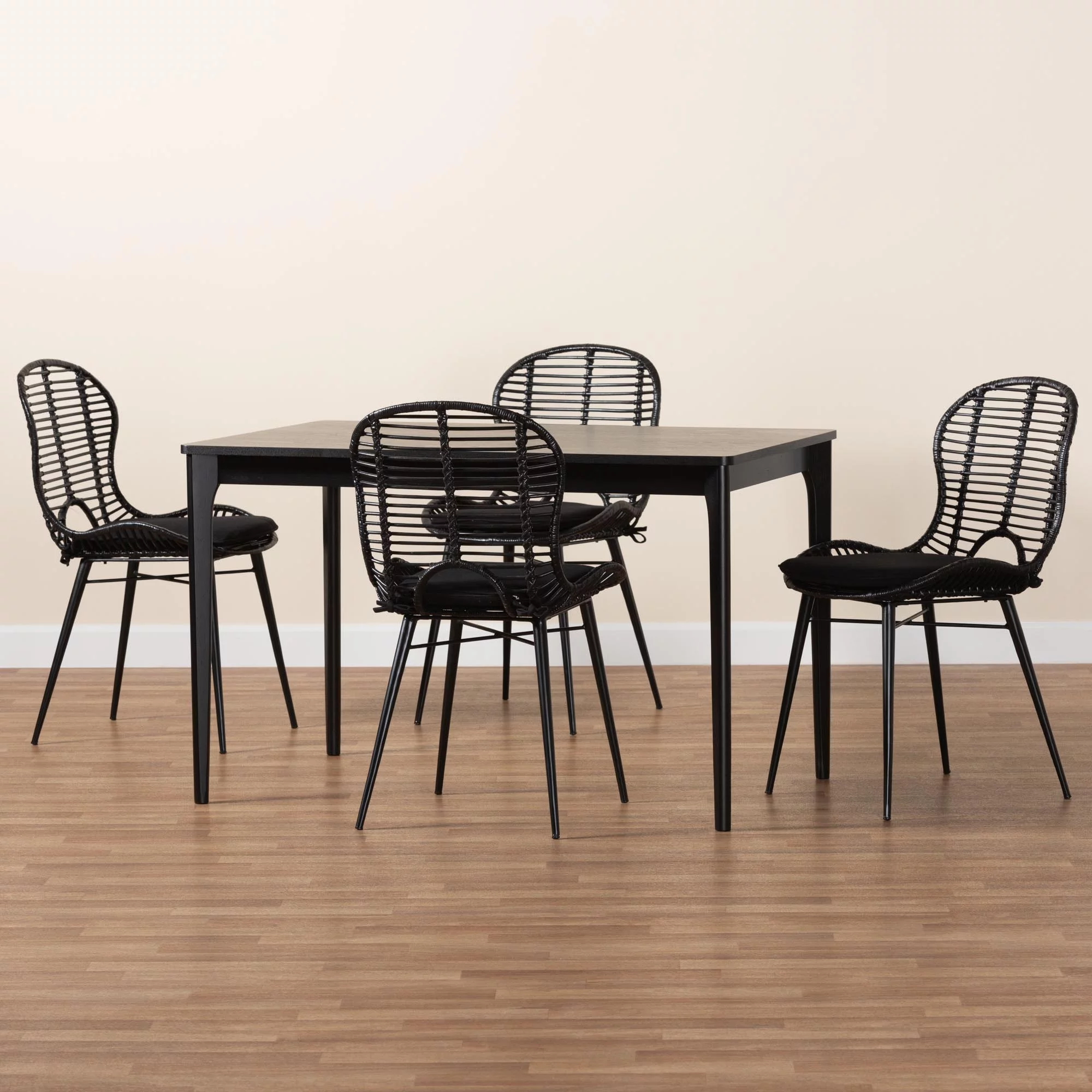 Baxton Studio Brenna Rattan BOHO Dining Sets, 5-Piece, Black