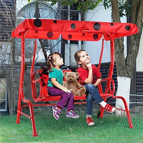 Kids Patio Swing, 2-Seater Outdoor Porch Swing Lounge Chair W/Canopy & Safety Belt, All Weather Resistant Waterproof Hanging Swing Bench for Patio Garden Poolside Balcony(Red Beetle)
