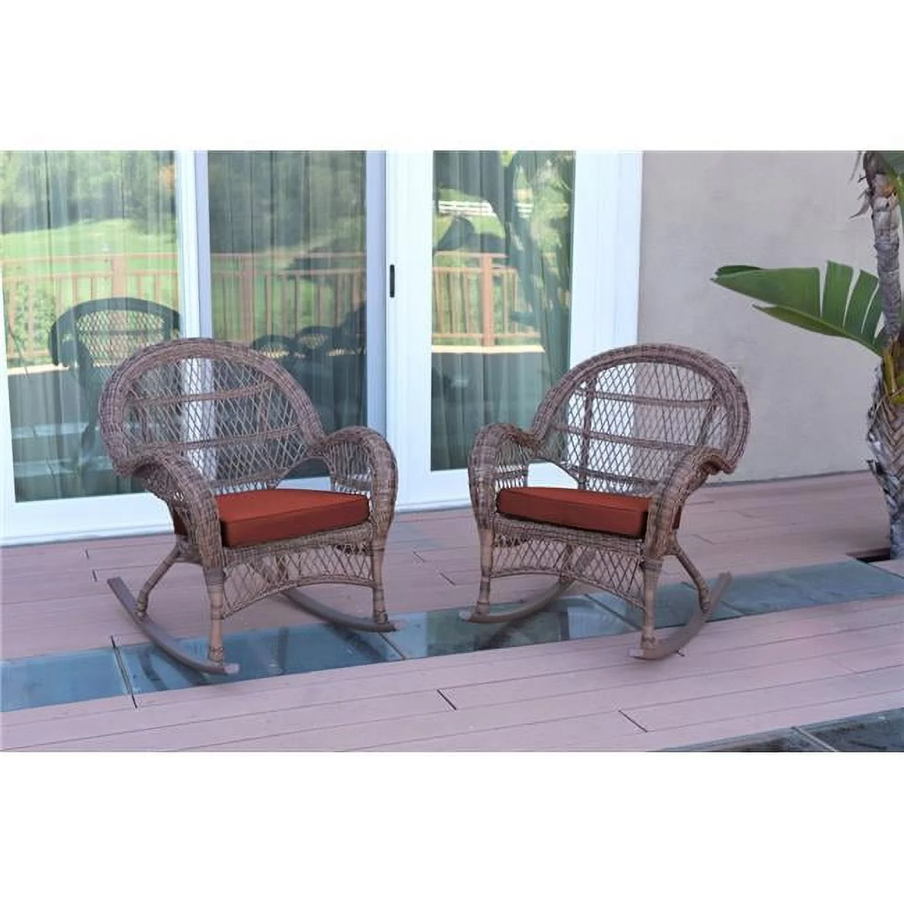 W00210-R-2-FS018 Santa Maria Honey Wicker Rocker Chair with Red Cushion - Set of 2