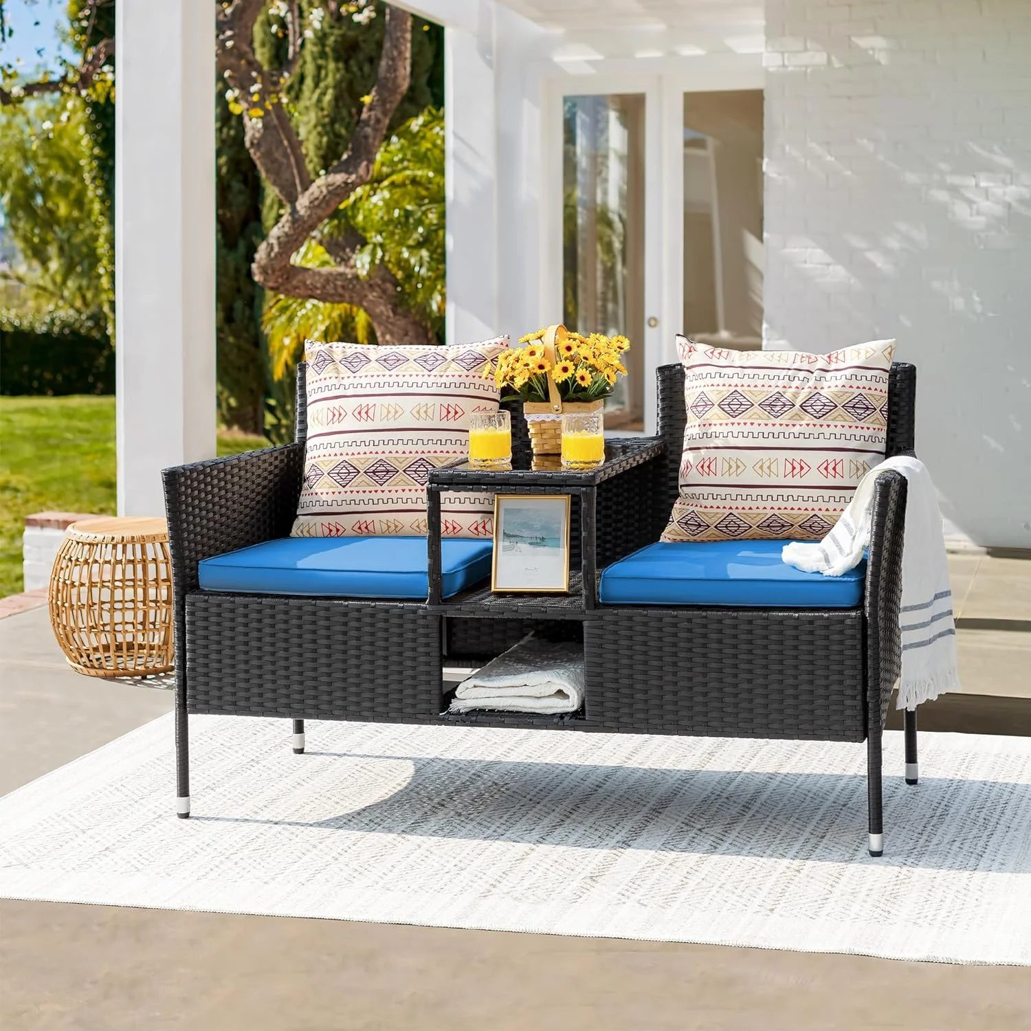 ZWNLKQG VGYUIJN Outdoor Patio Loveseat Modern Rattan 2-Seat Patio Conversation Set with Cushions & Built-in Coffee VGYUIJN Porch VGYUIJN for Garden Lawn Backyard (Blue)